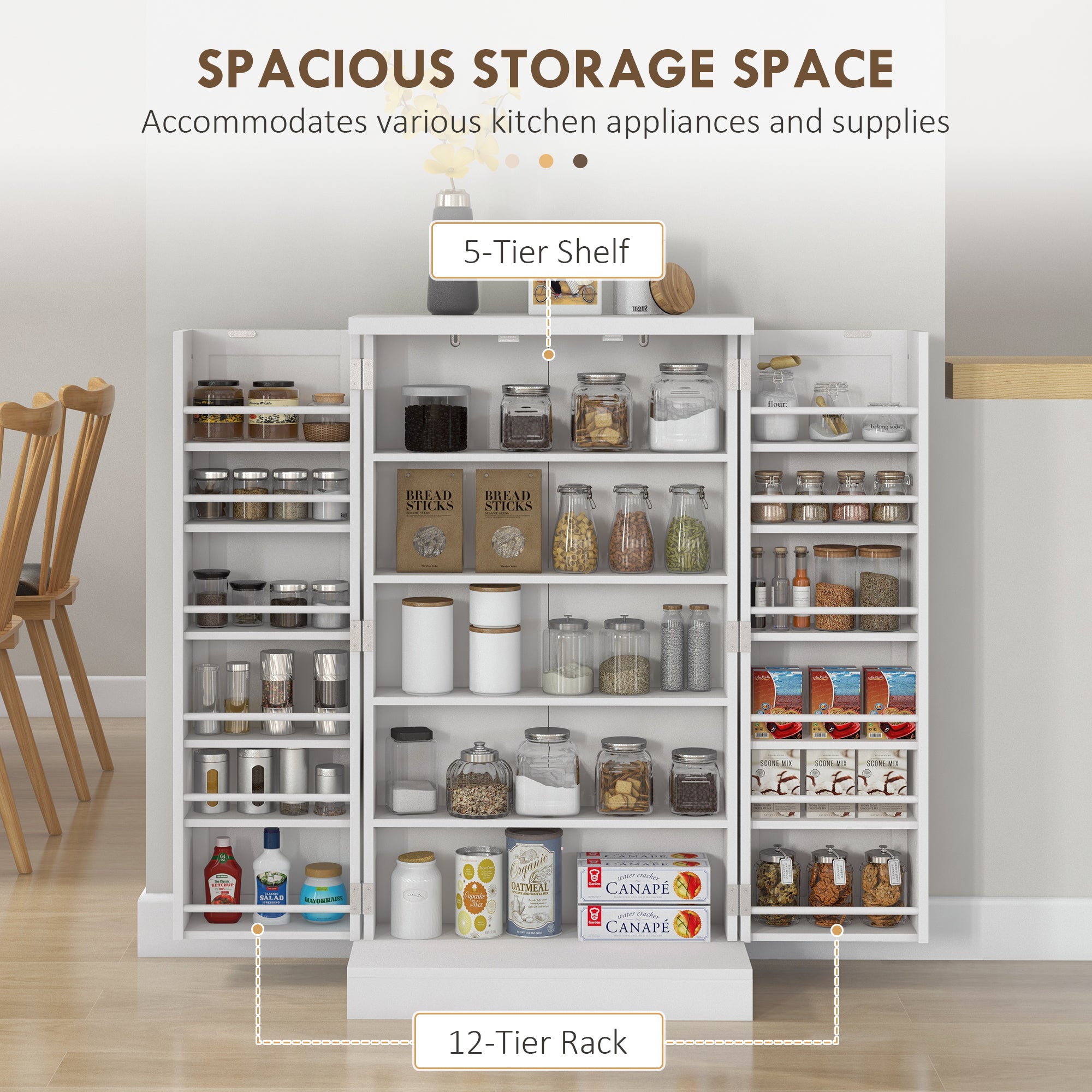 HOMCOM 41" Kitchen Pantry, Freestanding Kitchen Storage Cabinet with Double Doors, 5-Tier Shelf and Adjustable Shelves, White