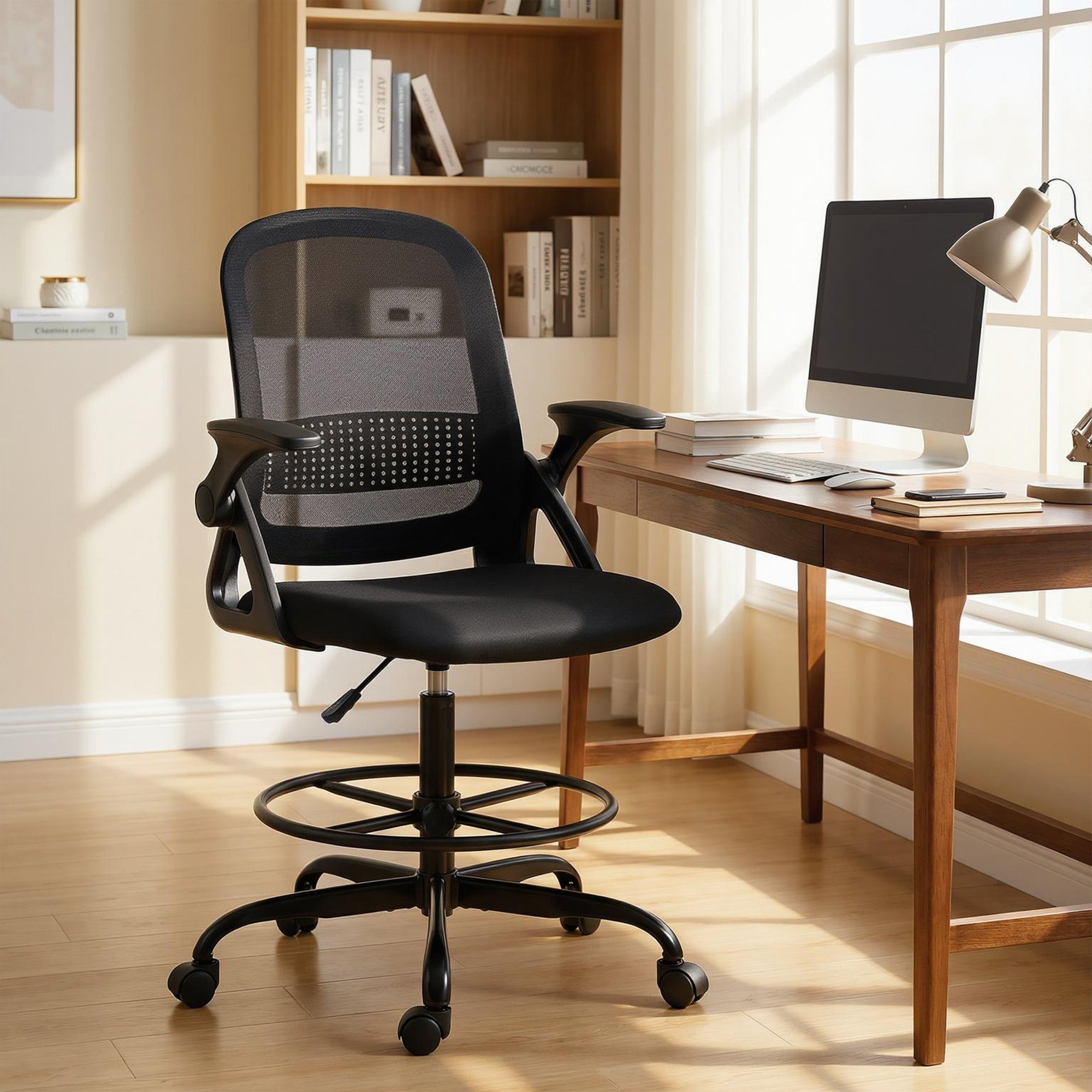 Drafting Chair, Mesh Standing Desk Chair with Flip-up Armrests, Adjustable Height and Footrest, Lumbar Support, Rolling Wheels for Home Office, Black