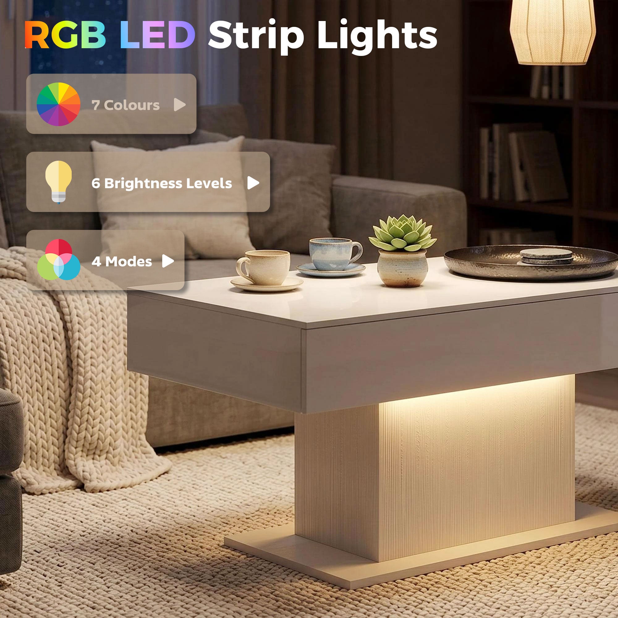 LED Coffee Table with Storage, High Gloss Modern Center Table with 2 Drawers and Remote Control for Living Room, White