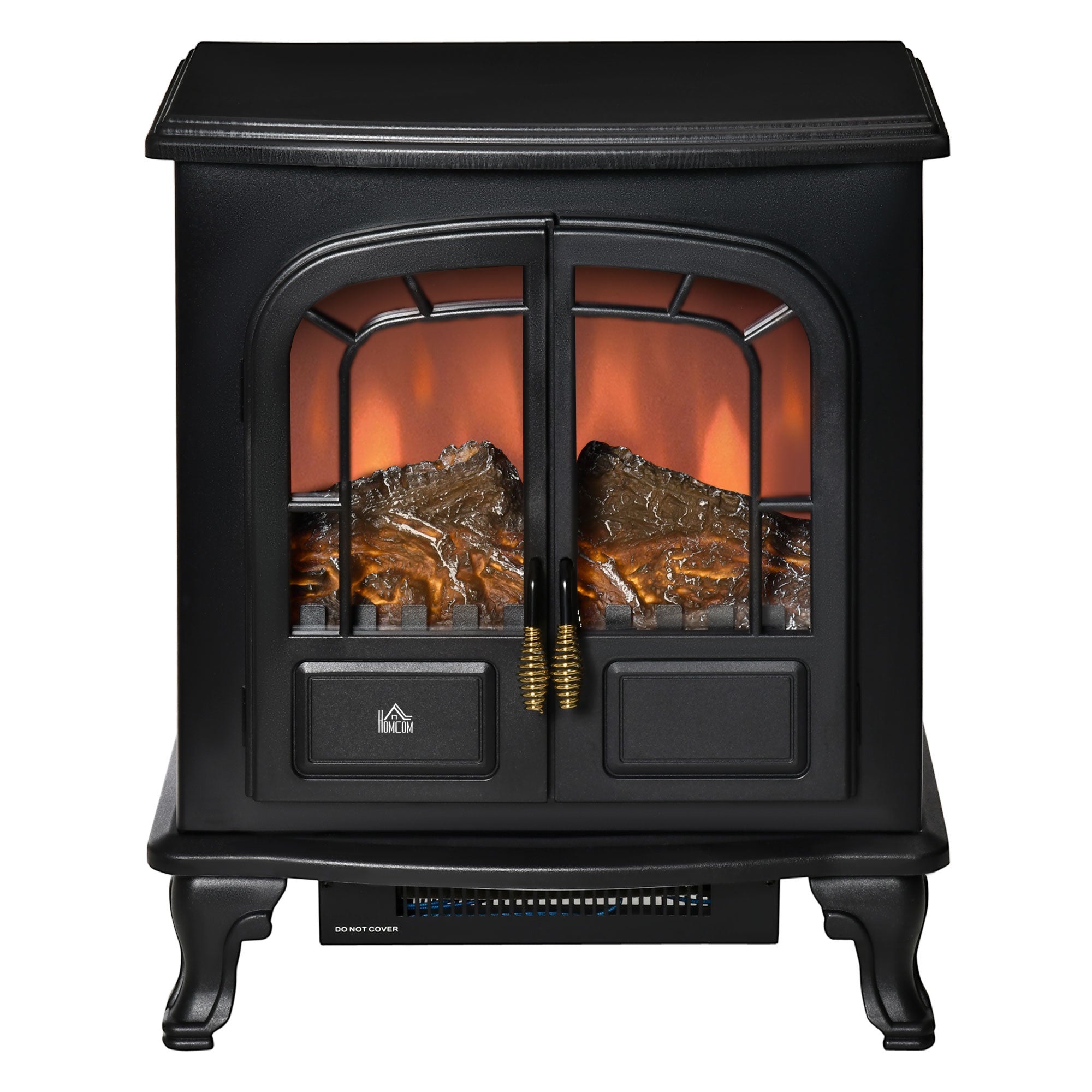 Electric Fireplace Stove Heater with LED Fire Flame Effect, Double Door, Freestanding & Portable with Overheat Protection, 1000W/2000W, Black