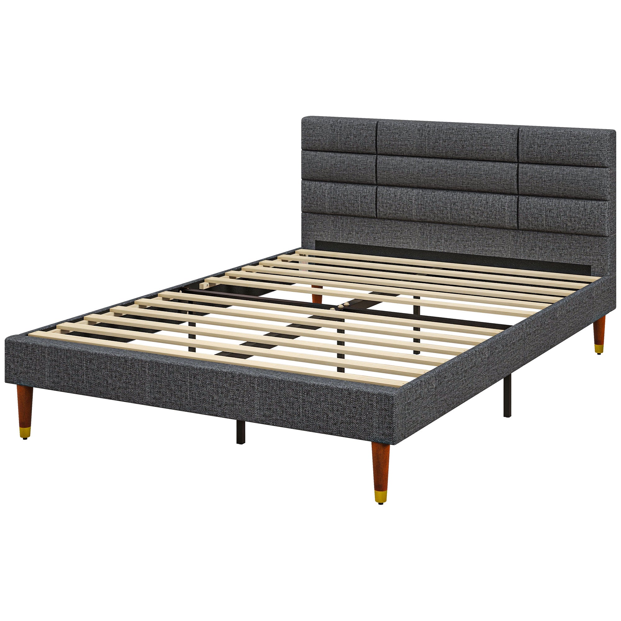 HOMCOM 4ft Double Bed Frame with Underbed Storage, Upholstered Platform Bed Frame with Tufted Headboard and Wood Slat Support, No Box Spring Needed, Easy Assembly, Grey