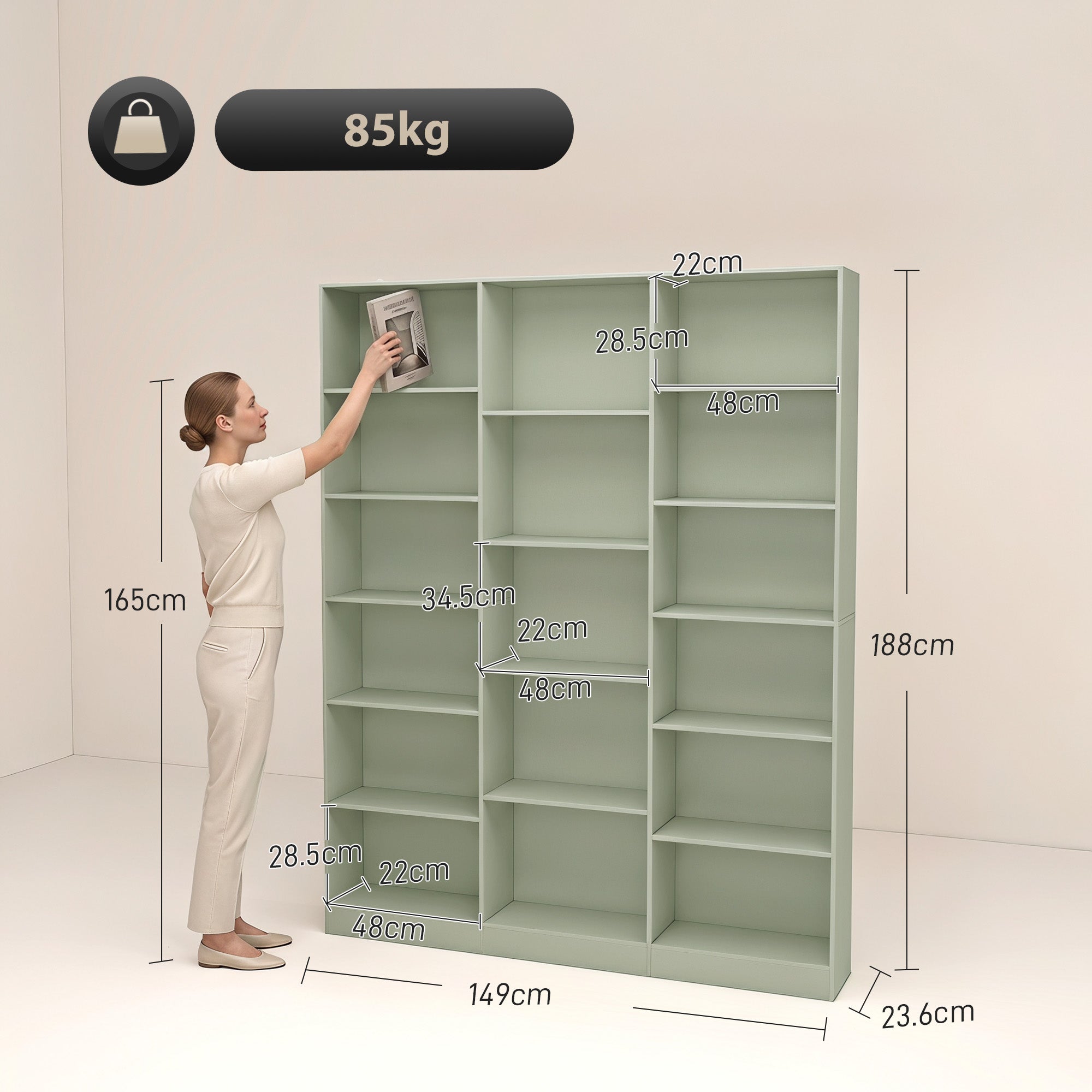 Bookcase with 17 Compartments, 6-Tier Tall Bookshelf with 17 Cubes, Adjustable Shelves, Freestanding Shelving Unit Display Shelf for Home Office, Living Room, 149 x 23.6 x 188 cm, Light Green