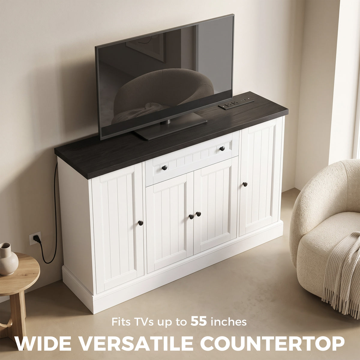 47" Farmhouse Sideboard Buffet Cabinet with Charging Station, Coffee Bar Cabinet with 3 Adjustable Shelves and 4 Doors, Kitchen Storage Cabinet with Drawer, White