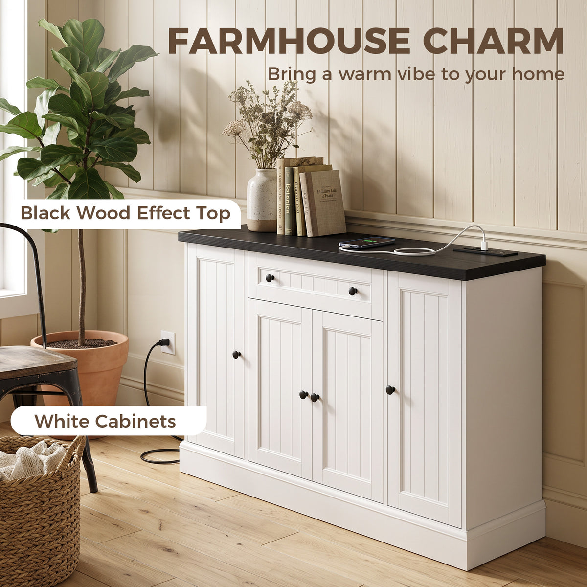 47" Farmhouse Sideboard Buffet Cabinet with Charging Station, Coffee Bar Cabinet with 3 Adjustable Shelves and 4 Doors, Kitchen Storage Cabinet with Drawer, White