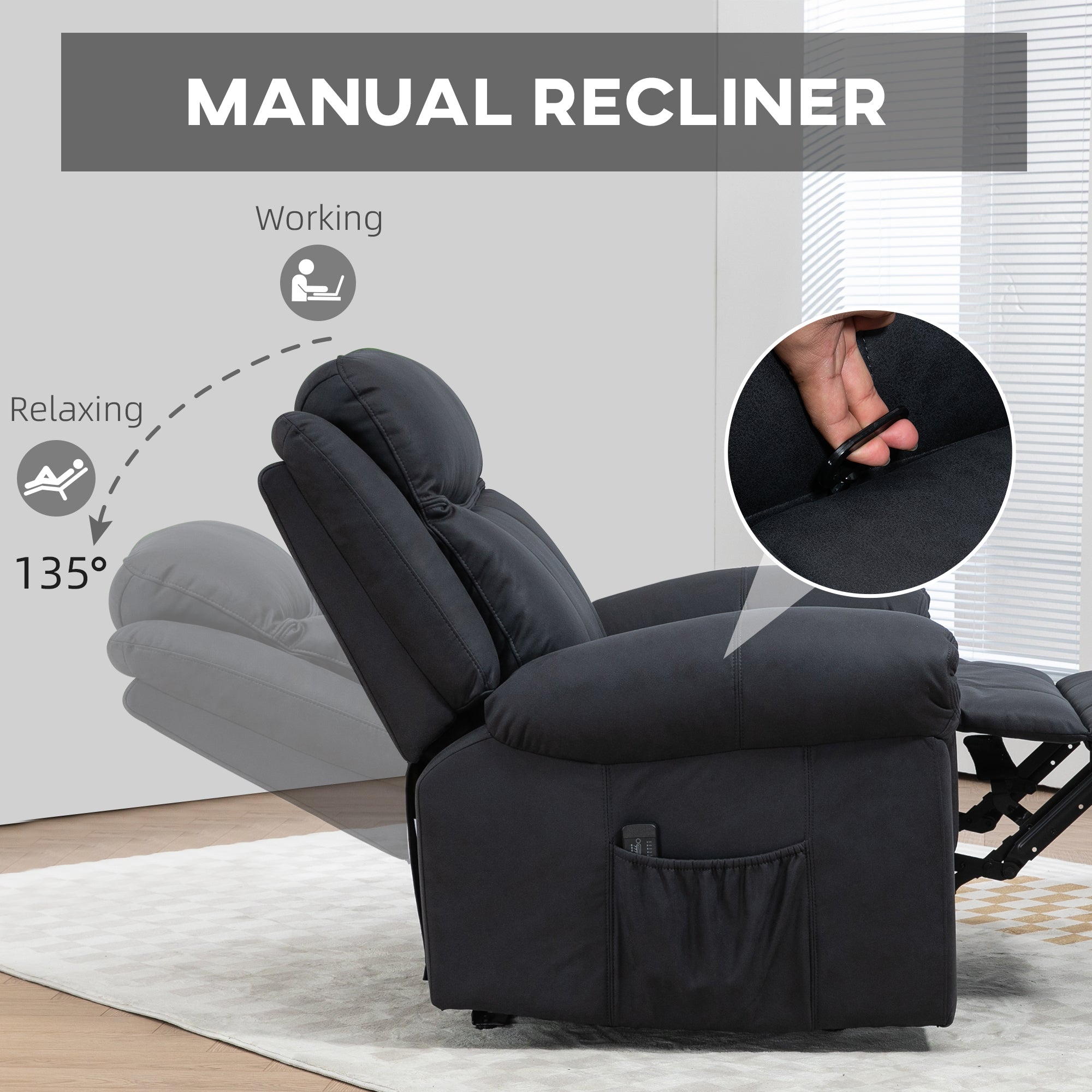 HOMCOM Vibration Massage Recliner Chair, Manual Microfibre Reclining Chair for Living Room with Side Pockets, Footrest, Remote, Easy Assembly, Black