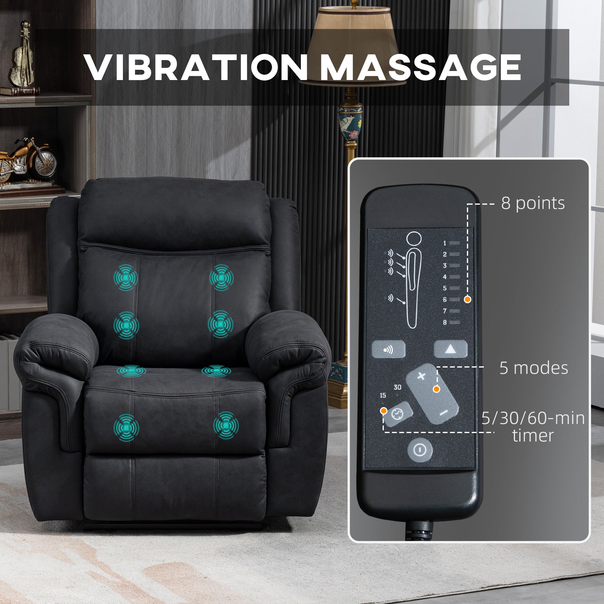 HOMCOM Vibration Massage Recliner Chair, Manual Microfibre Reclining Chair for Living Room with Side Pockets, Footrest, Remote, Easy Assembly, Black