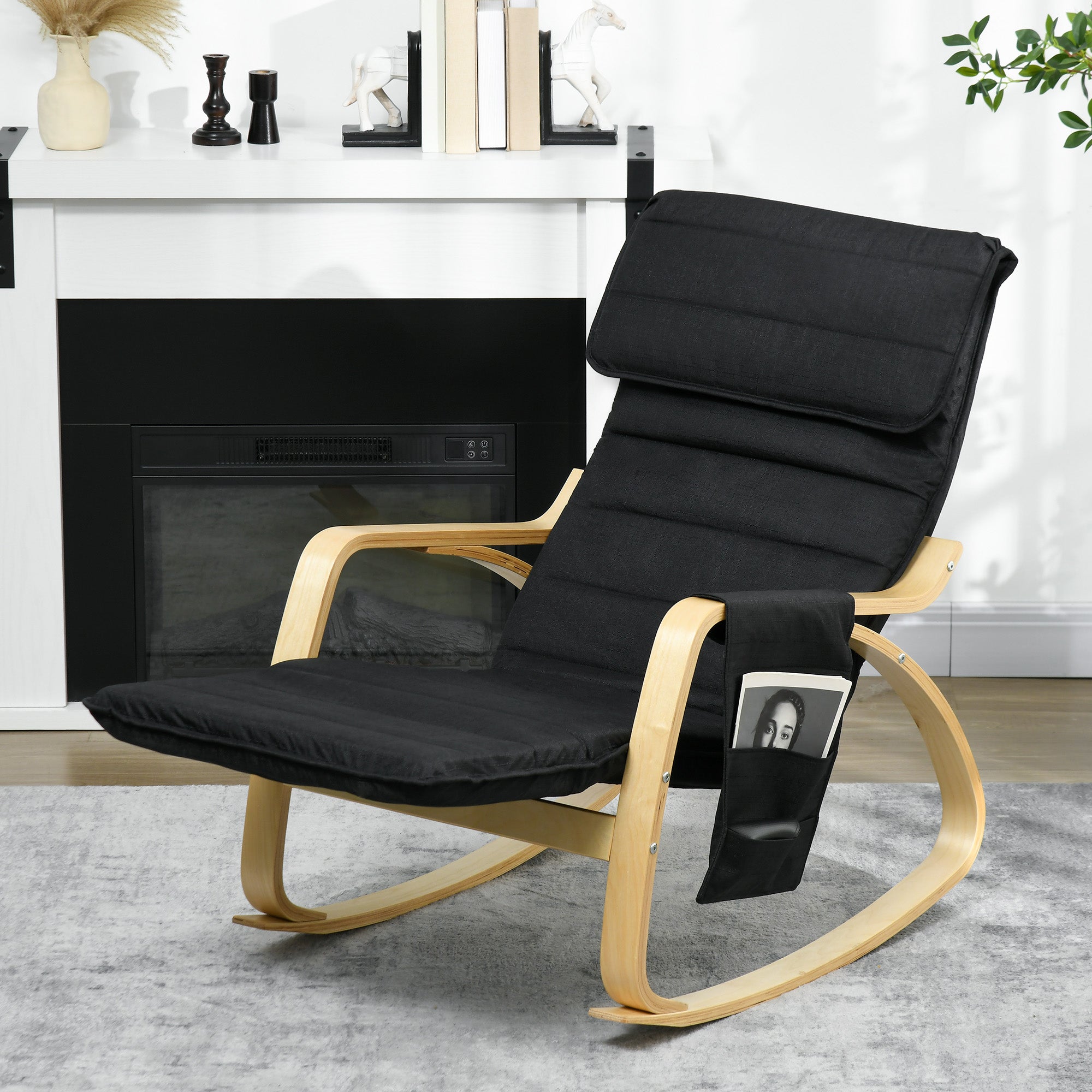 HOMCOM Rocking Lounge Chair Recliner Relaxation Lounging Relaxing Seat with Adjustable Footrest, Side Pocket and Pillow, Black