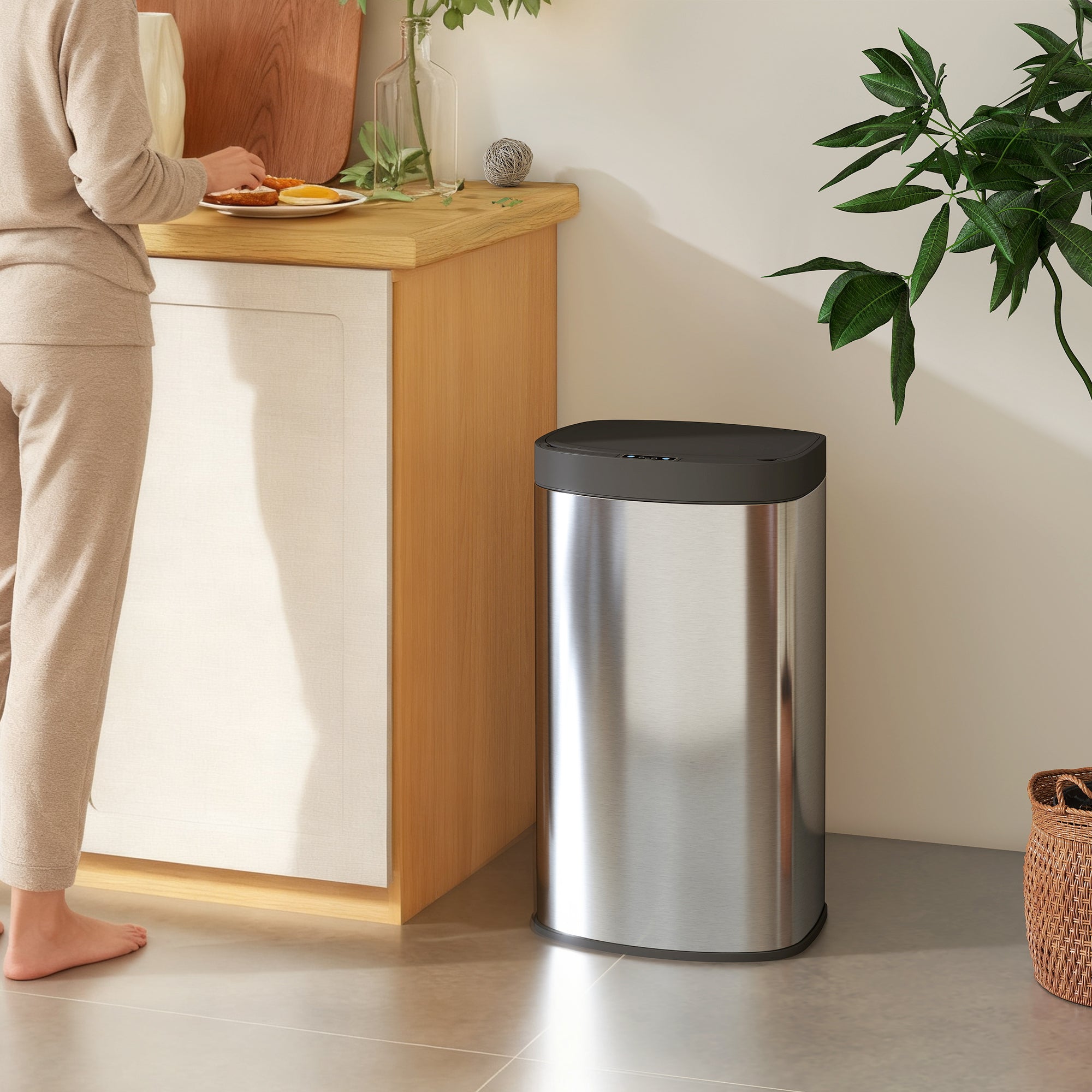 55L Sensor Bin with Soft-Close Lid, Automatic Touchless Motion Sensor Kitchen Bin with Fingerprint Resistant Stainless Steel for Hygienic Gyms, Home Office Use, Silver Tone
