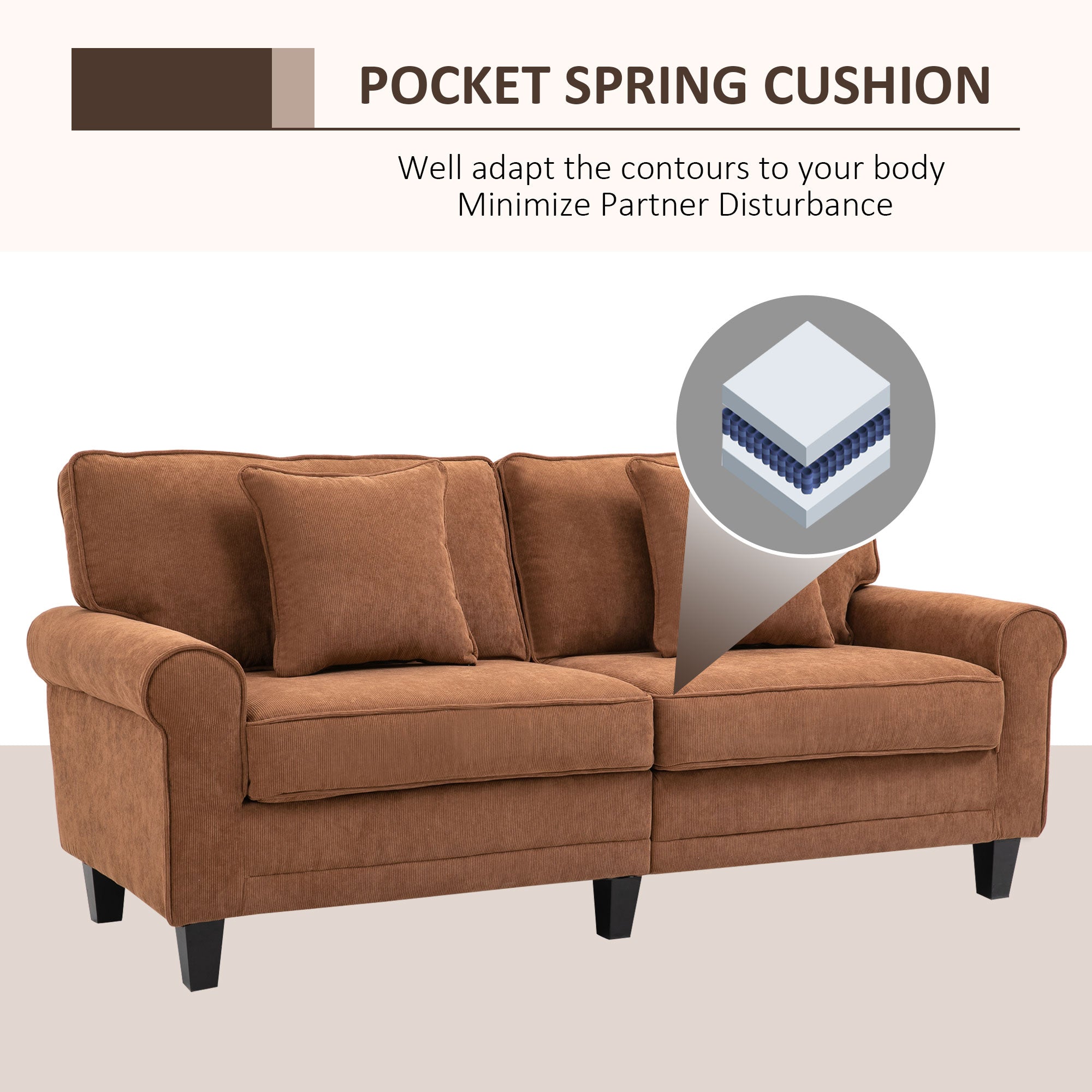 HOMCOM Modern 3-Seater Sofa, Corduroy Fabric Couch with Pine Wood Legs, Rolled Arms for Living Room, Brown