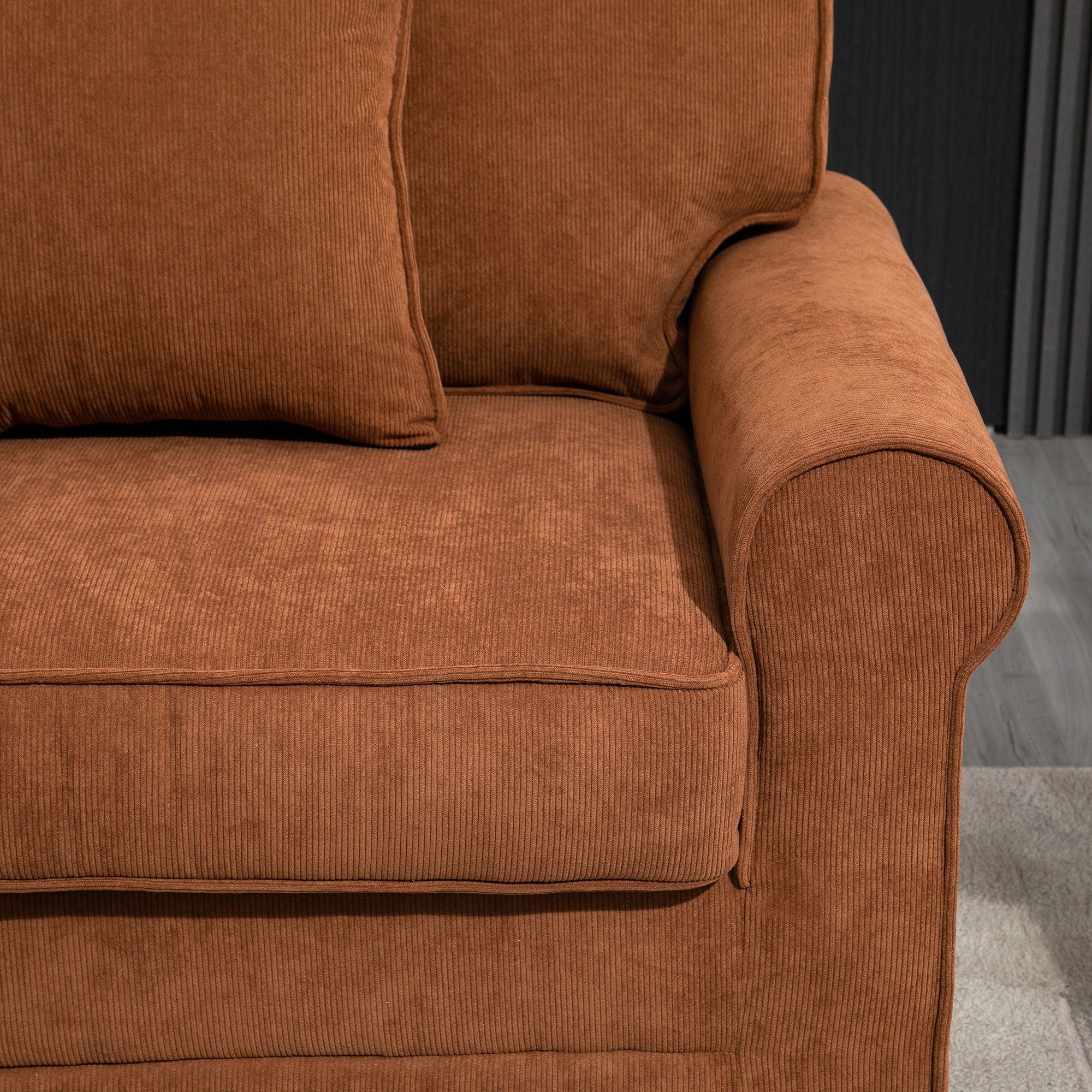 HOMCOM Modern 3-Seater Sofa, Corduroy Fabric Couch with Pine Wood Legs, Rolled Arms for Living Room, Brown