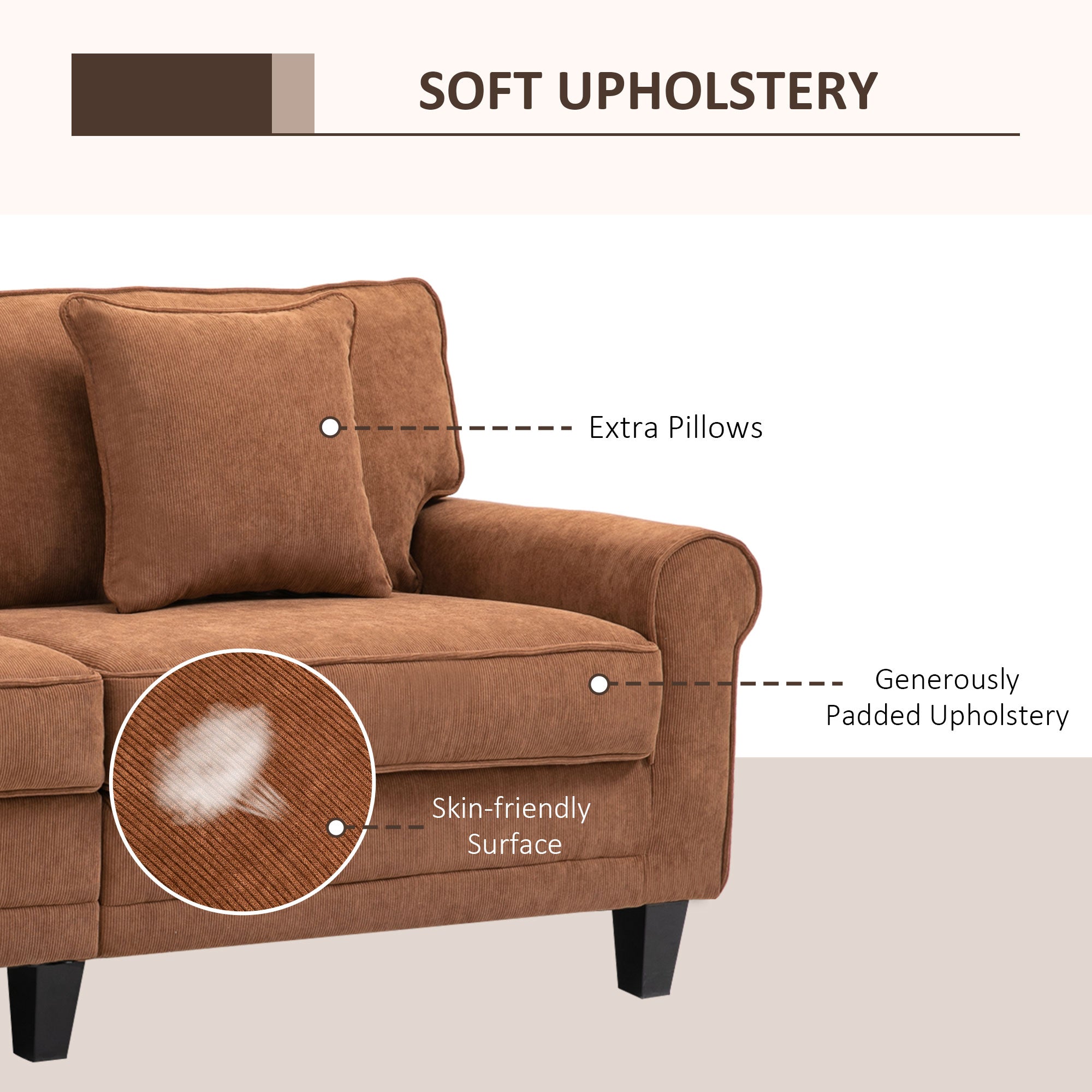 HOMCOM Modern 3-Seater Sofa, Corduroy Fabric Couch with Pine Wood Legs, Rolled Arms for Living Room, Brown