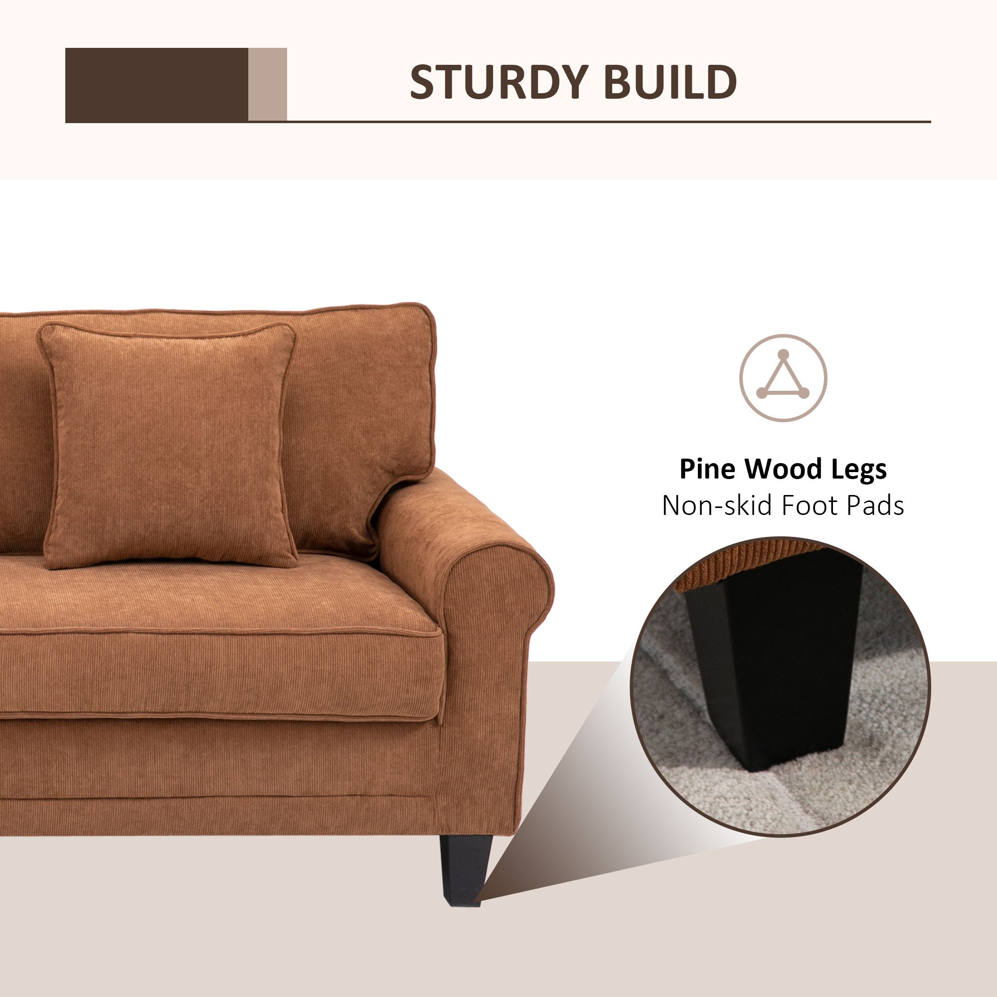 HOMCOM Modern 3-Seater Sofa, Corduroy Fabric Couch with Pine Wood Legs, Rolled Arms for Living Room, Brown