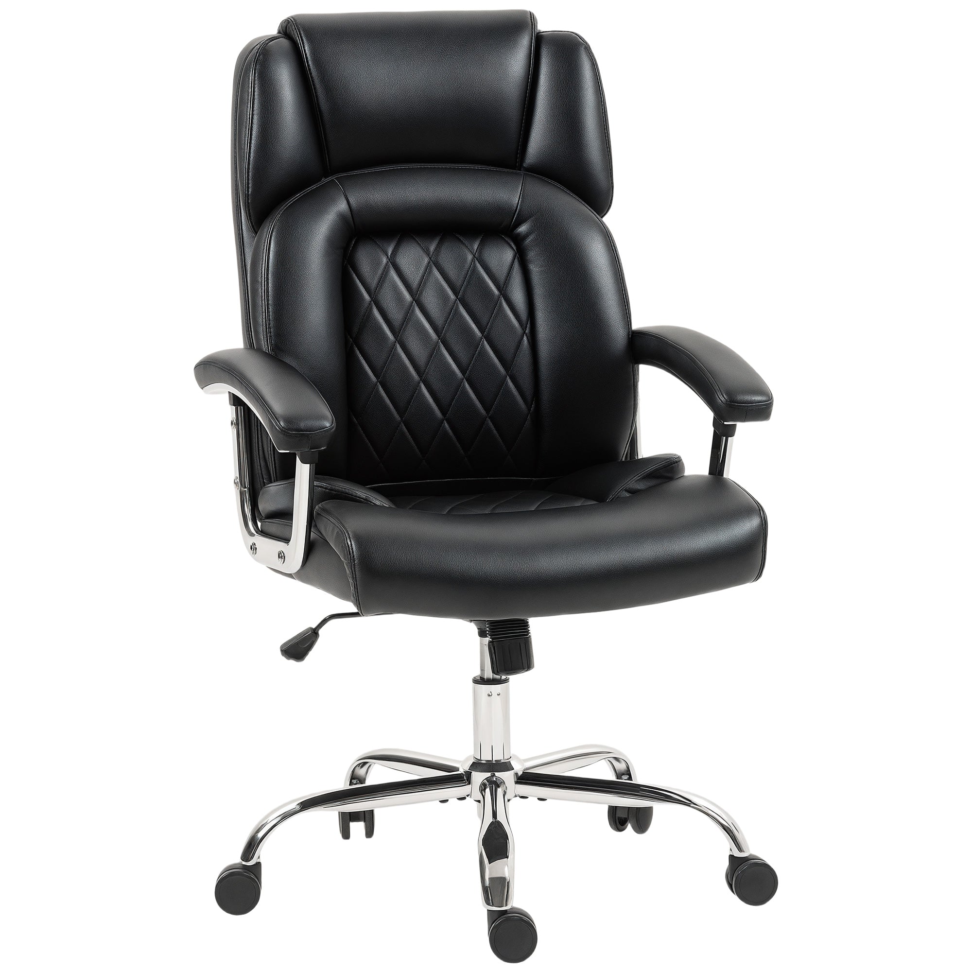 Big and Tall Office Chair 180kg, Executive PU Leather Desk Chair with Spring Cushion, Wide Seat, High Back, Adjustable Height, Swivel Wheels, Built-in Headrest, Tilt Function, Black