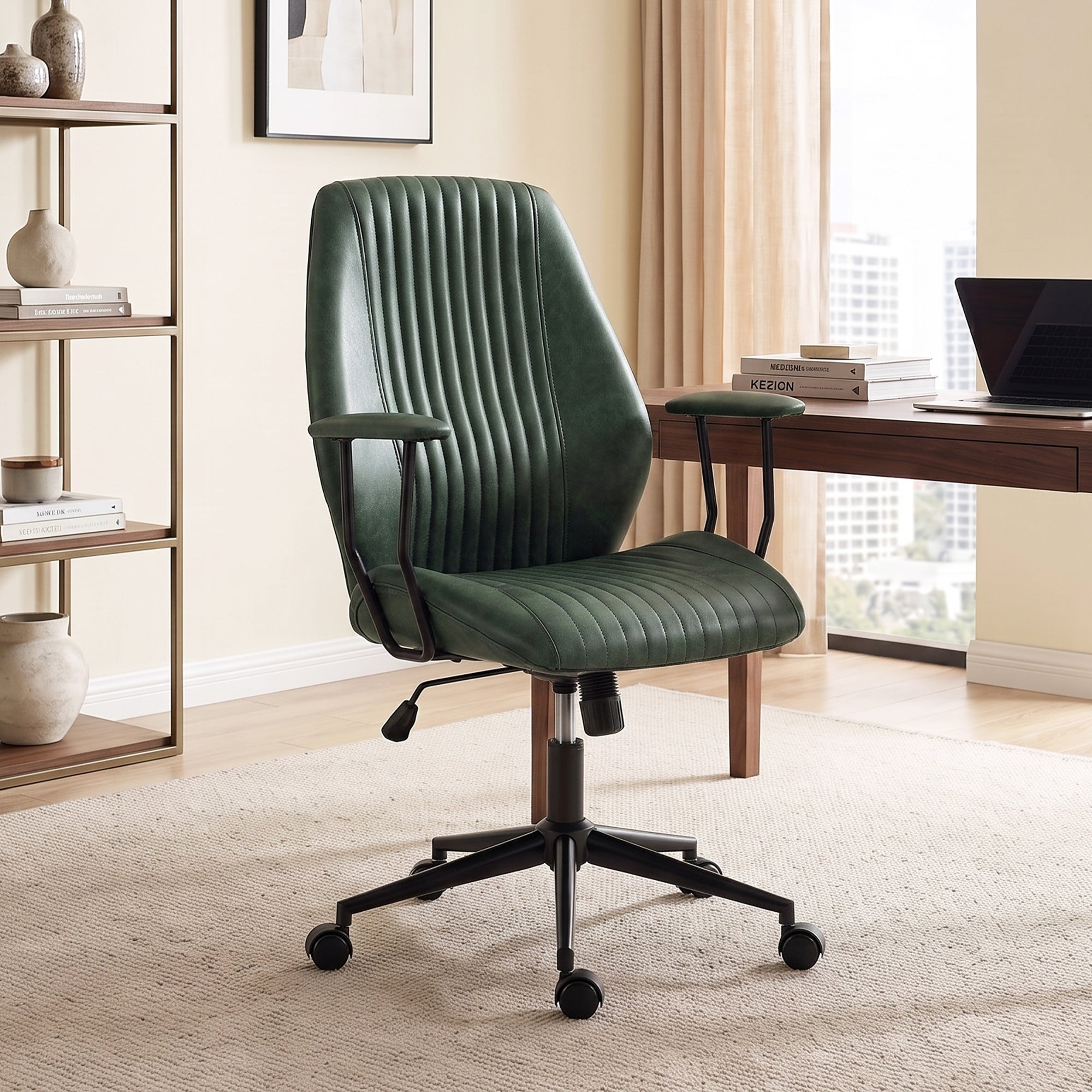Home Office Desk Chair, PU Leather Computer Chair with Padded Arms, Mid Back, 360° Swivel, Adjustable Height, Tilt Function, Rolling Wheels, Vintage Style for Task, Study, Work, Green