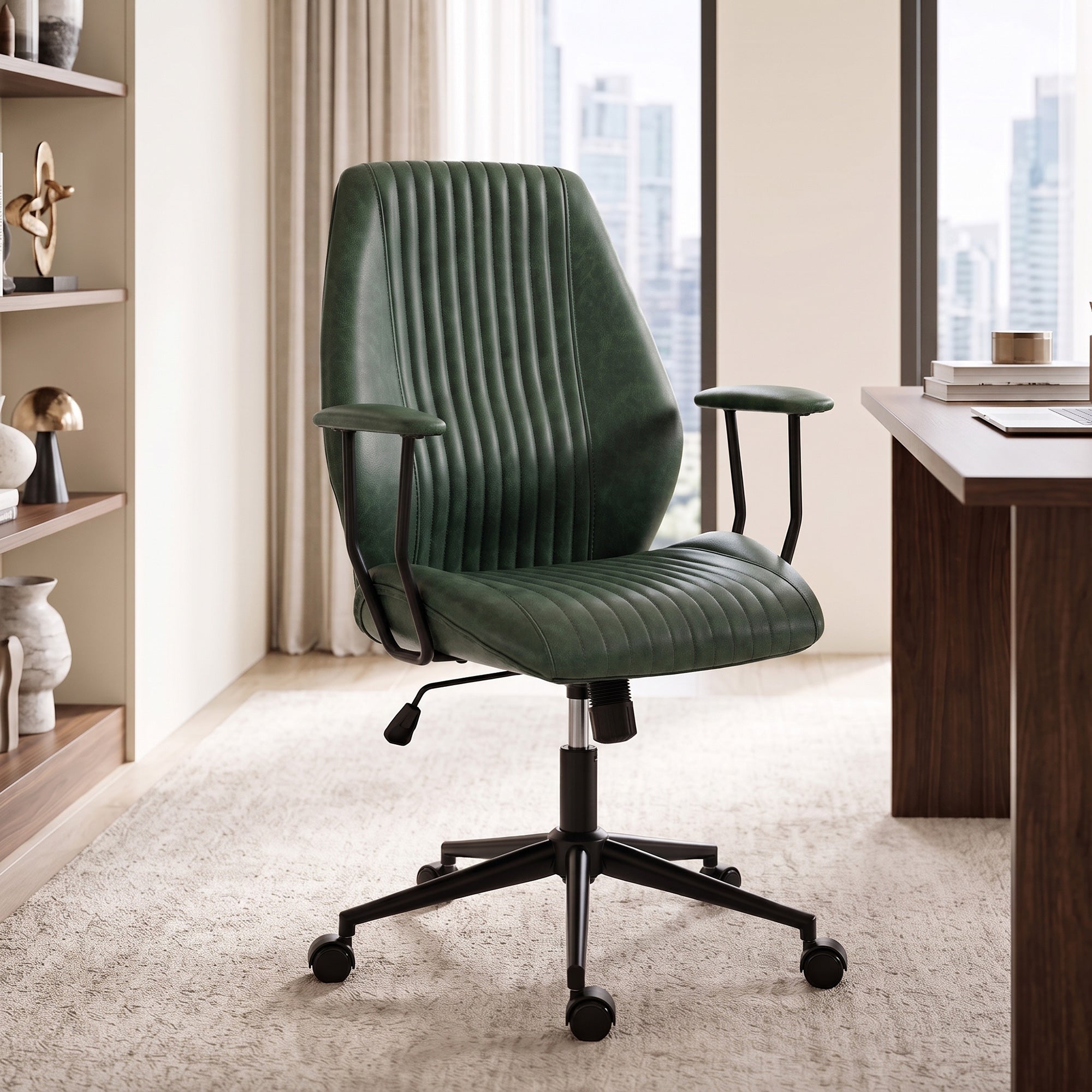 Home Office Desk Chair, PU Leather Computer Chair with Padded Arms, Mid Back, 360° Swivel, Adjustable Height, Tilt Function, Rolling Wheels, Vintage Style for Task, Study, Work, Green