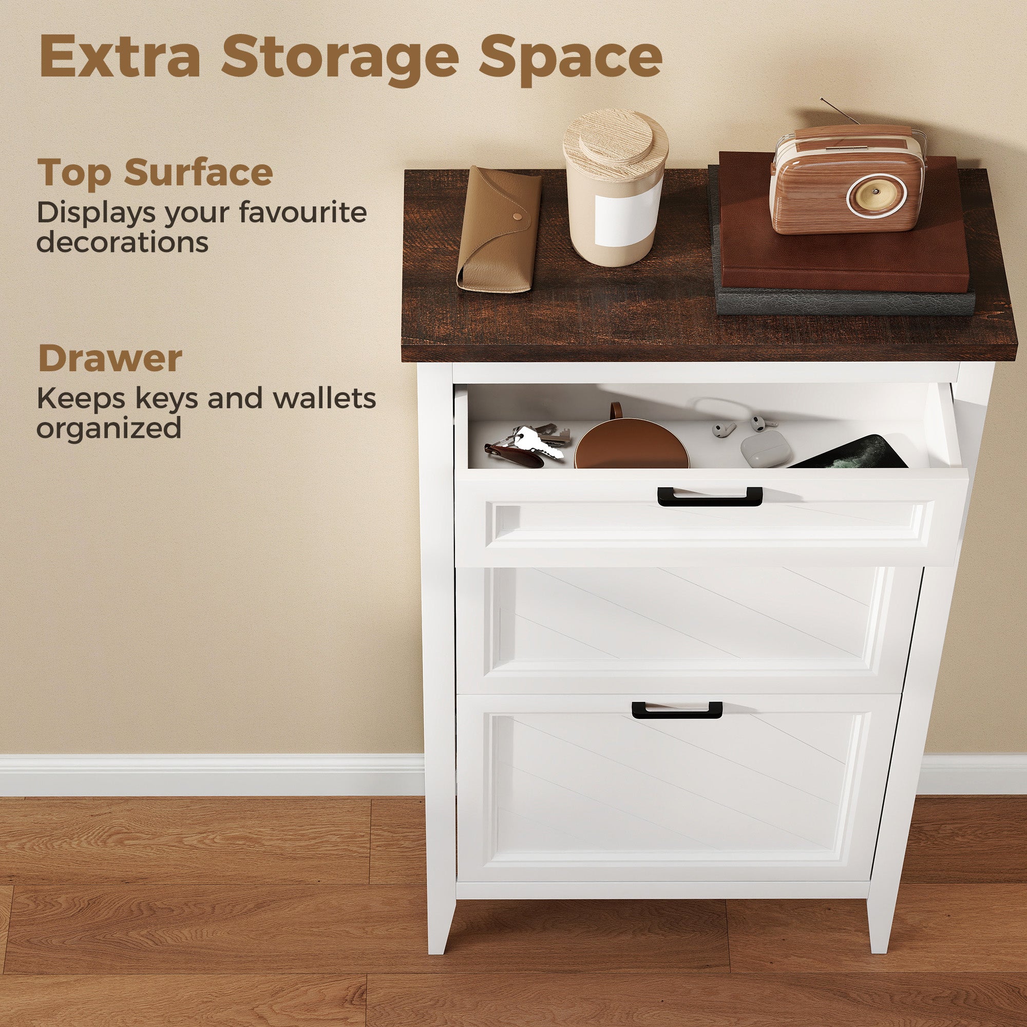 Shoe Cabinet with 2 Flip Drawers, Farmhouse Narrow Shoe Storage Cabinet with Adjustable Shelves, Storage Drawer, Freestanding for Entryway, Hallway, Living Room, Holds 8-12 Pairs, White