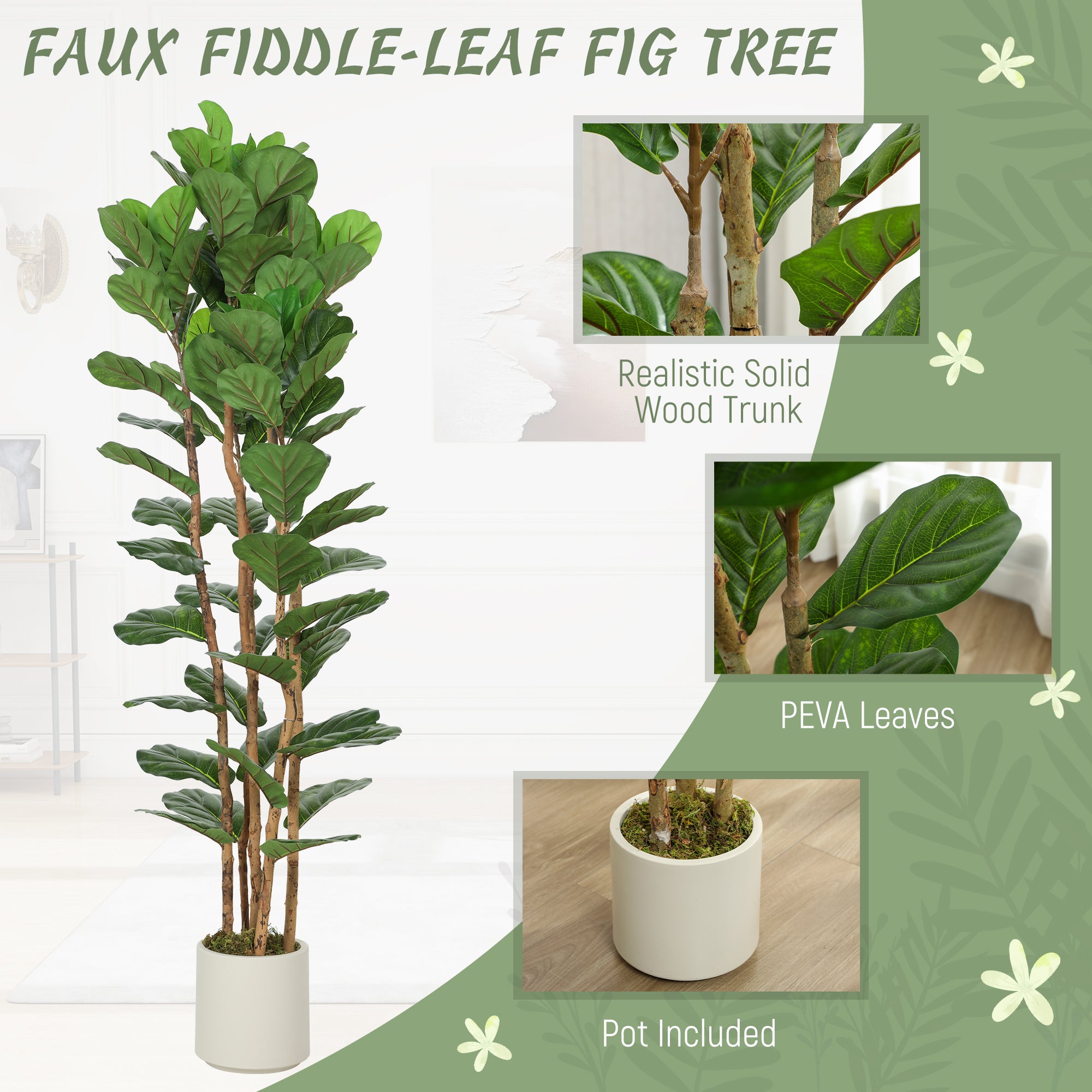 6FT Artificial Fiddle Leaf Fig Tree Set of 2 with Solid Wood Trunks, Lifelike Fake Tree with 91 Leaves in Pot for Indoor Living Room Office Home Decor, Green