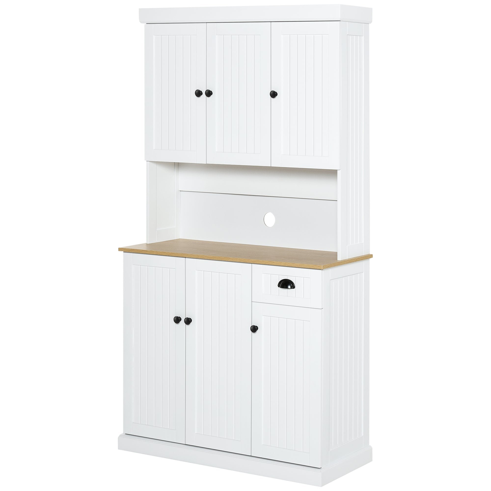 HOMCOM 180cm Kitchen Cupboard with 6 Doors, Modern Kitchen Storage Cabinet with Microwave Oven Countertop, Drawer, Adjustable Shelves and Cable Hole, White