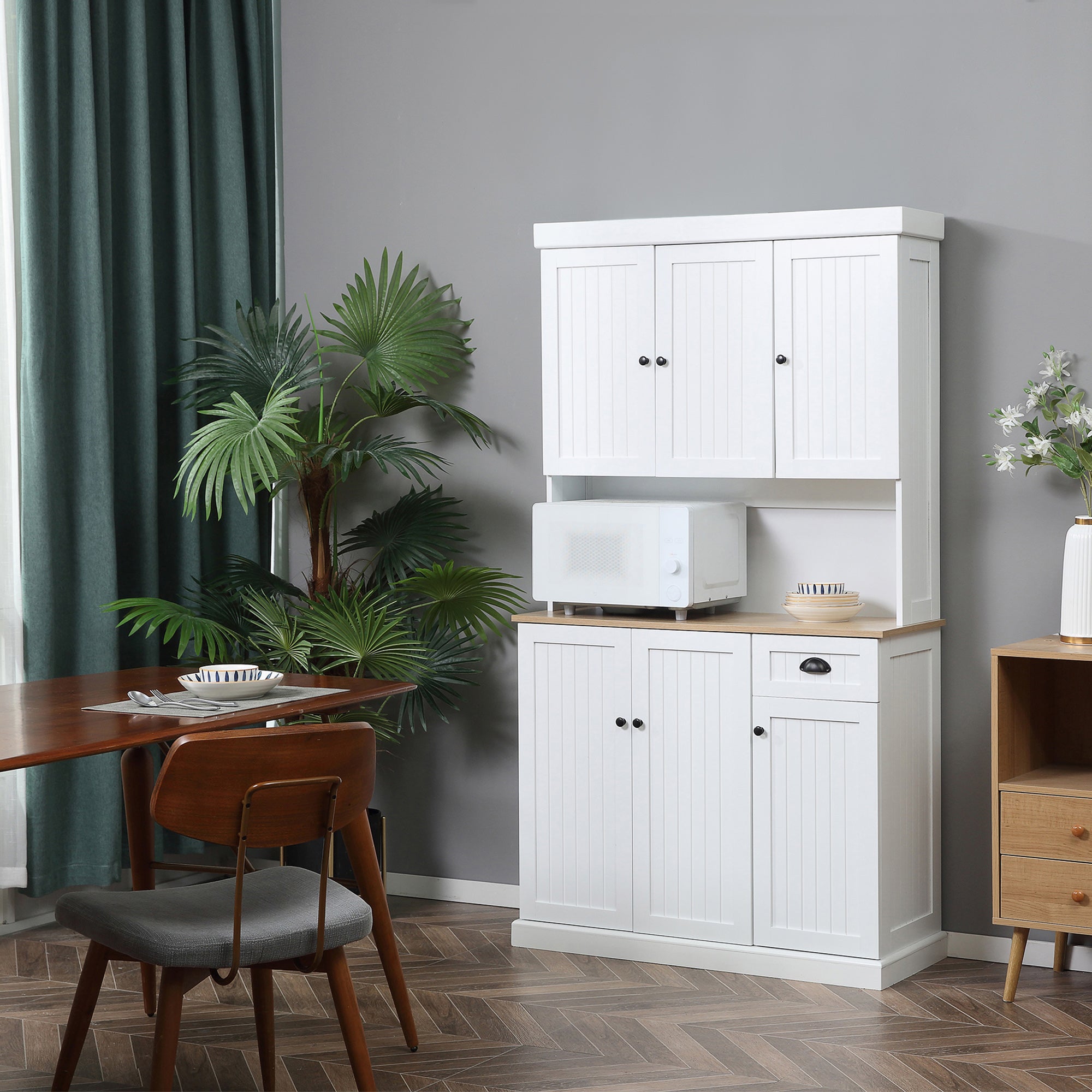 HOMCOM Buffet with Hutch, Modern Kitchen Pantry Storage Cabinet with Microwave Oven Countertop, Drawer, and Adjustable Shelves, White