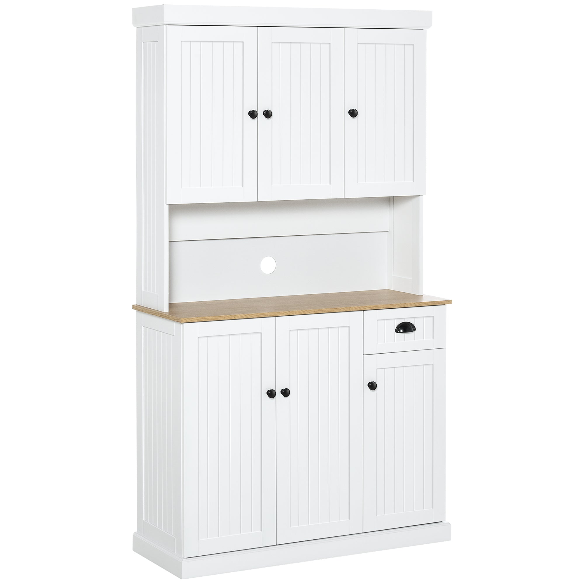 HOMCOM 180cm Kitchen Cupboard with 6 Doors, Modern Kitchen Storage Cabinet with Microwave Oven Countertop, Drawer, Adjustable Shelves and Cable Hole, White