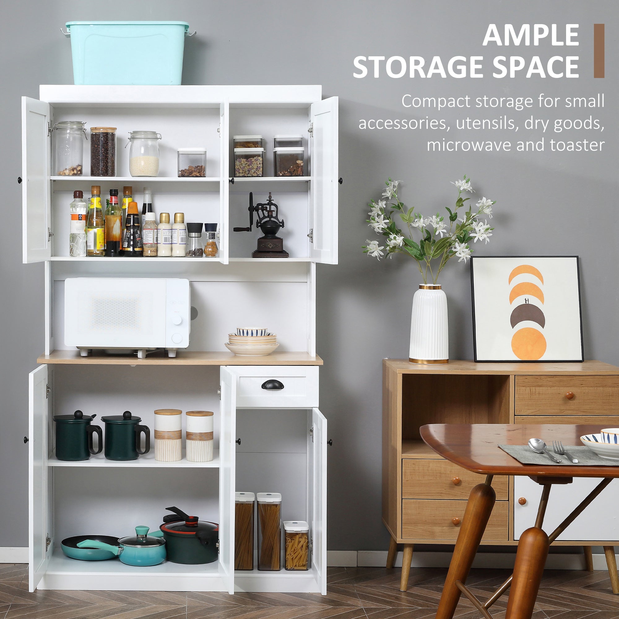 HOMCOM Buffet with Hutch, Modern Kitchen Pantry Storage Cabinet with Microwave Oven Countertop, Drawer, and Adjustable Shelves, White