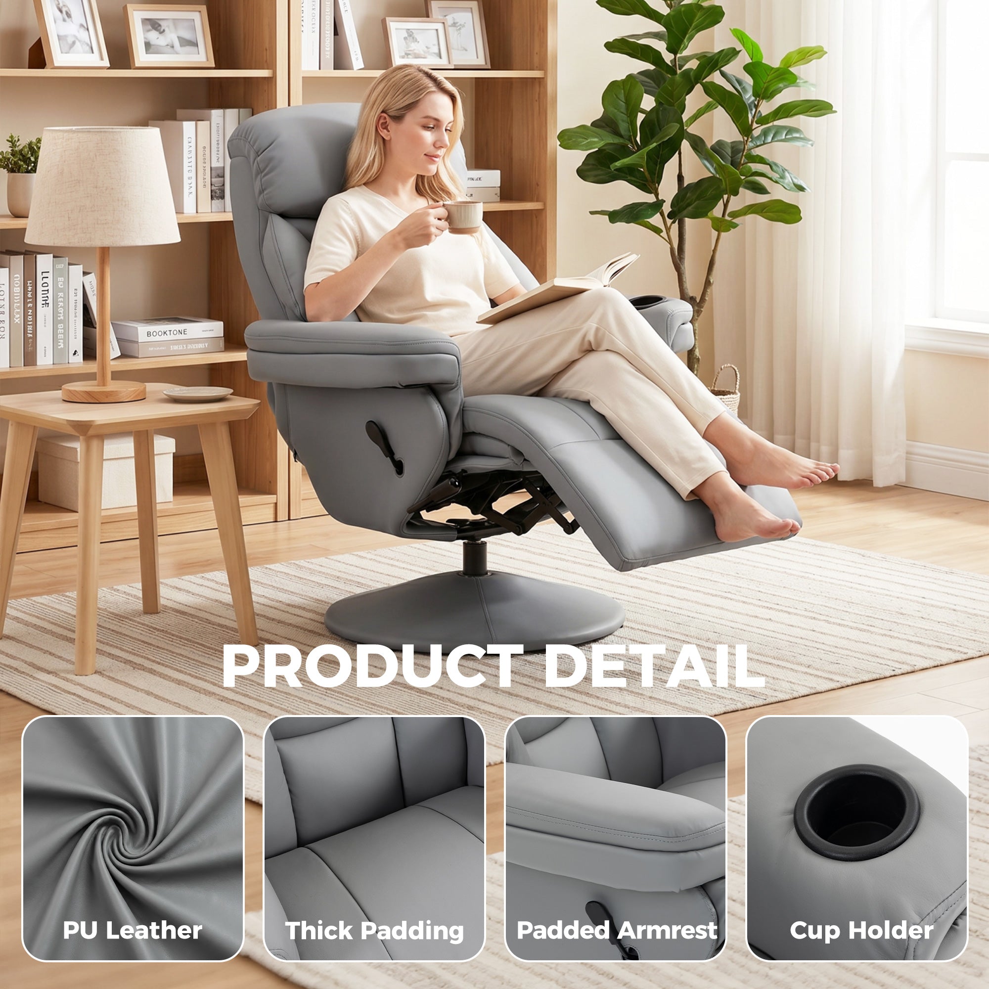 Manual Recliner Chair with Footrest, Upholstered Reclining Armchair with Adjustable Backrest and Cup Holder, PU Leather Swivel Chair for Living Room, Bedroom, Grey