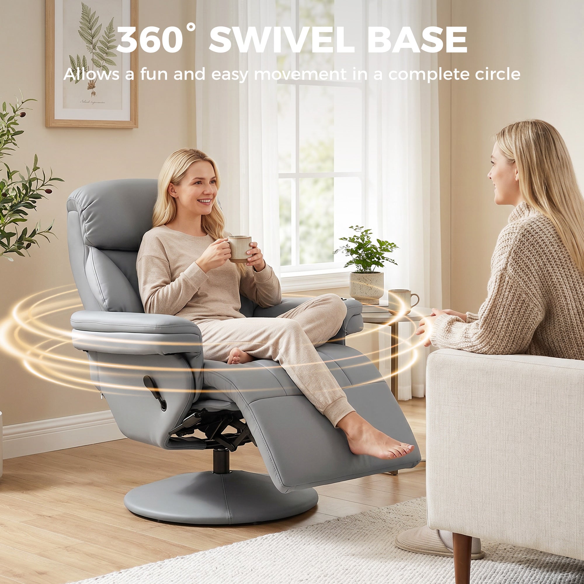 Manual Recliner Chair with Footrest, Upholstered Reclining Armchair with Adjustable Backrest and Cup Holder, PU Leather Swivel Chair for Living Room, Bedroom, Grey