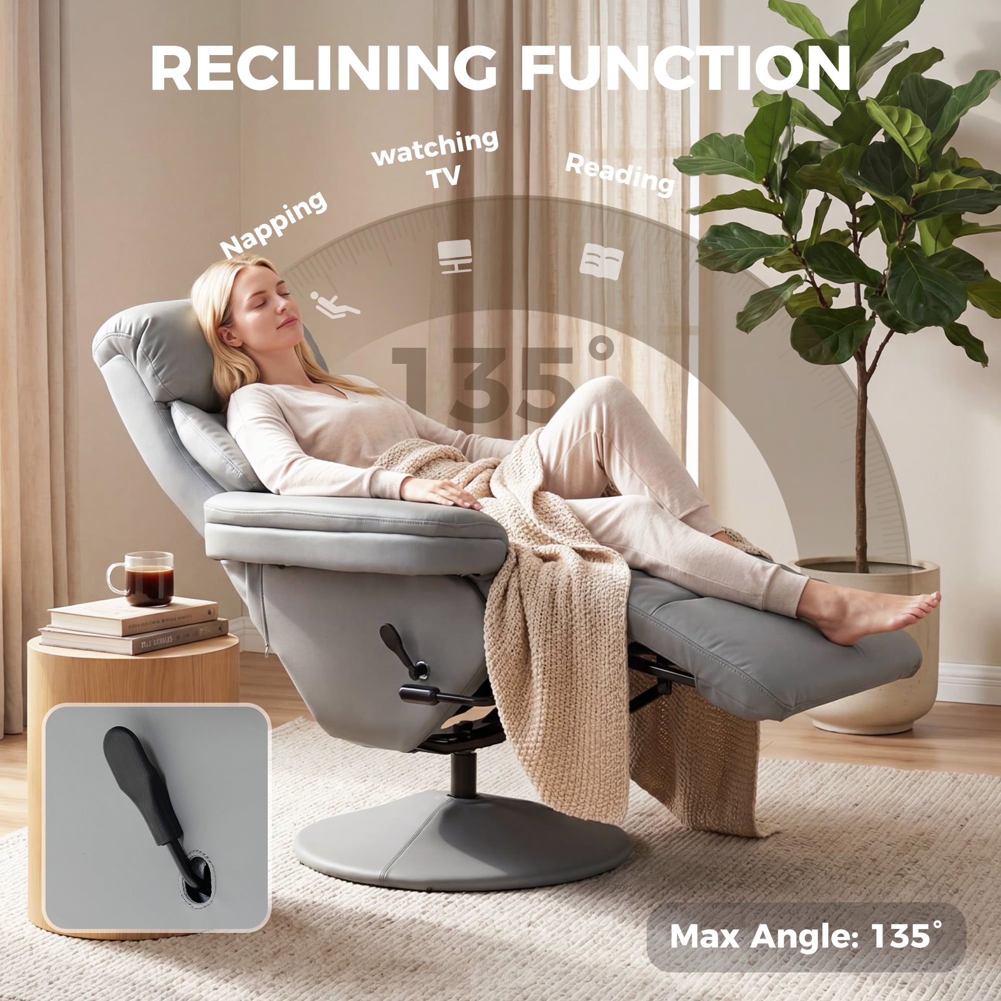 Manual Recliner Chair with Footrest, Upholstered Reclining Armchair with Adjustable Backrest and Cup Holder, PU Leather Swivel Chair for Living Room, Bedroom, Grey