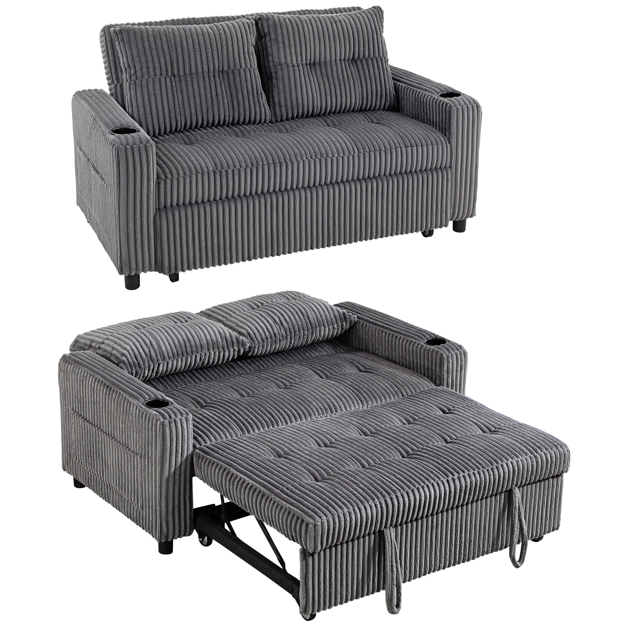2 Seater Sofa Bed, Corduroy Click Clack Sleeper Sofa with Pull Out Design, 2 Pillows, Cup Holders, Side Pockets, Convertible Loveseat Bed Settee for Living Room, 157x190cm, Charcoal Grey