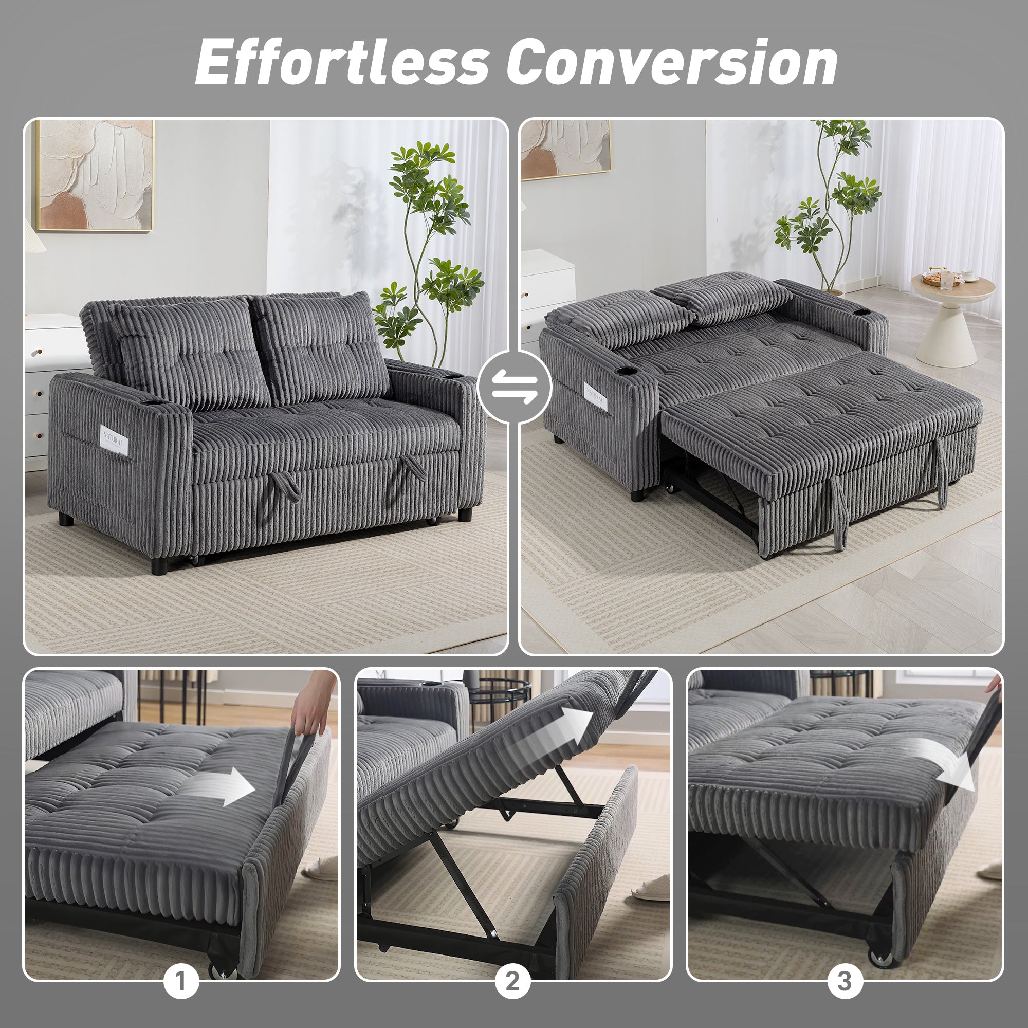 2 Seater Sofa Bed, Corduroy Click Clack Sleeper Sofa with Pull Out Design, 2 Pillows, Cup Holders, Side Pockets, Convertible Loveseat Bed Settee for Living Room, 157x190cm, Charcoal Grey