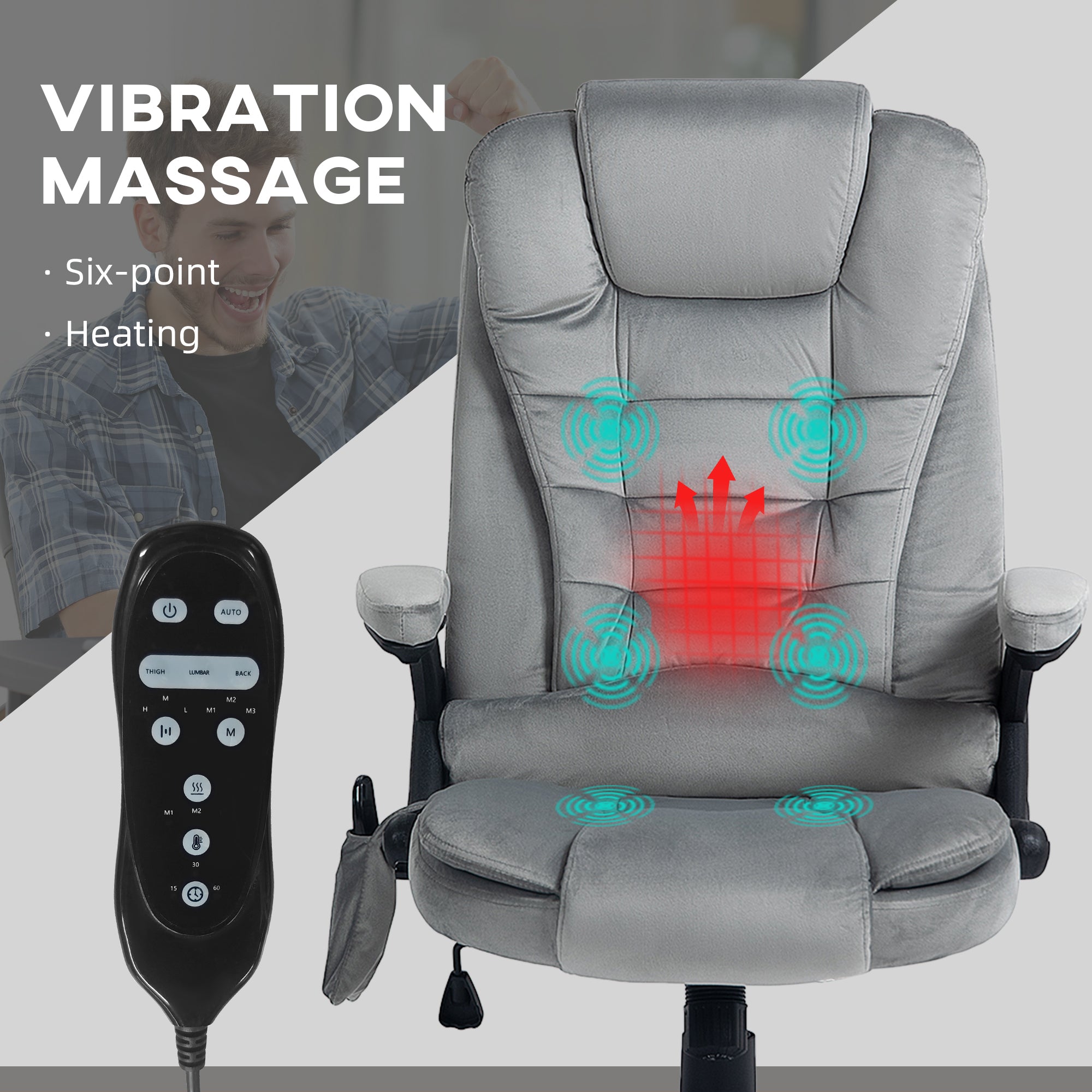 6 Point Executive Office Chair with Heat, Velvet High Back Vibrating Massage Office Chair, Gray