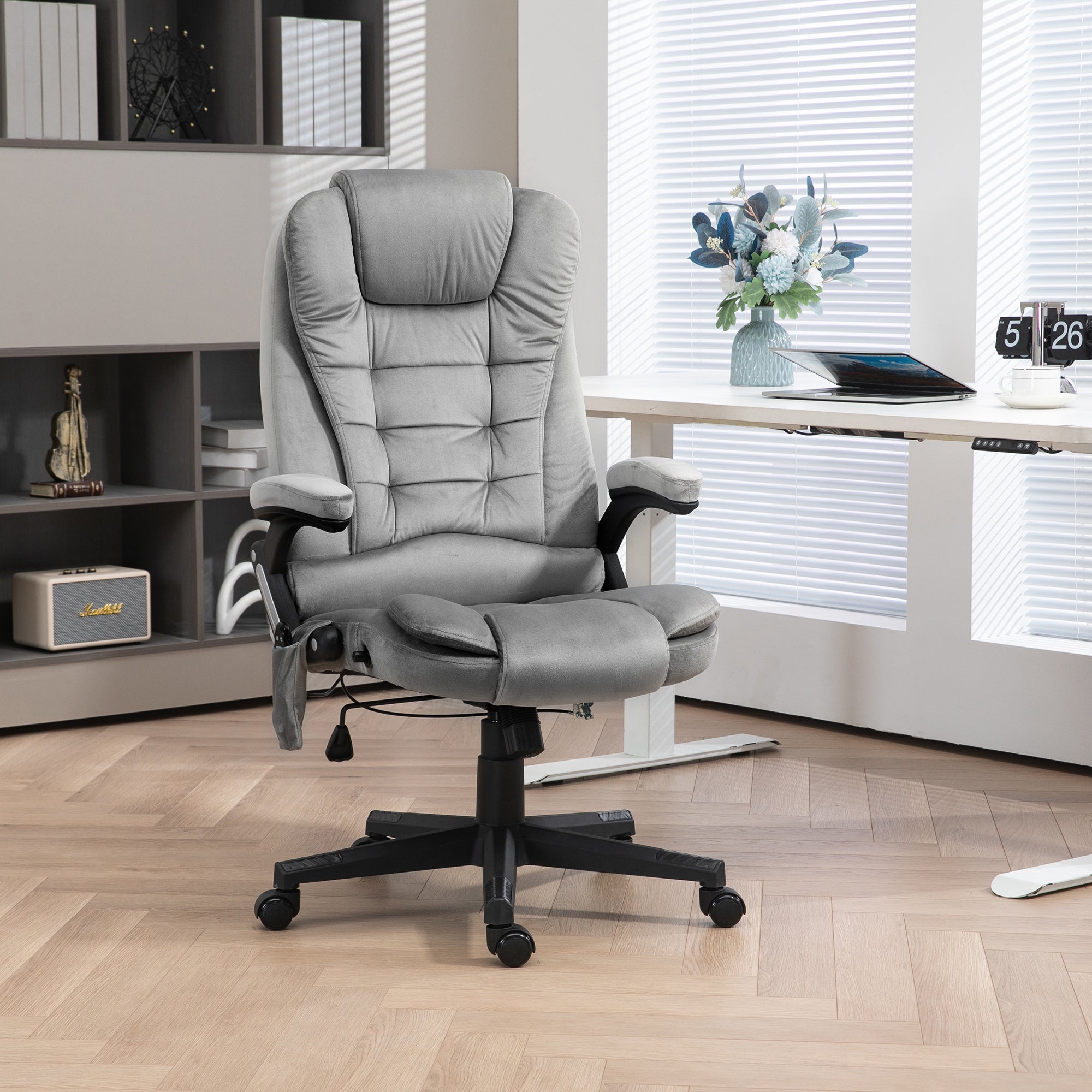 6 Point Executive Office Chair with Heat, Velvet High Back Vibrating Massage Office Chair, Gray