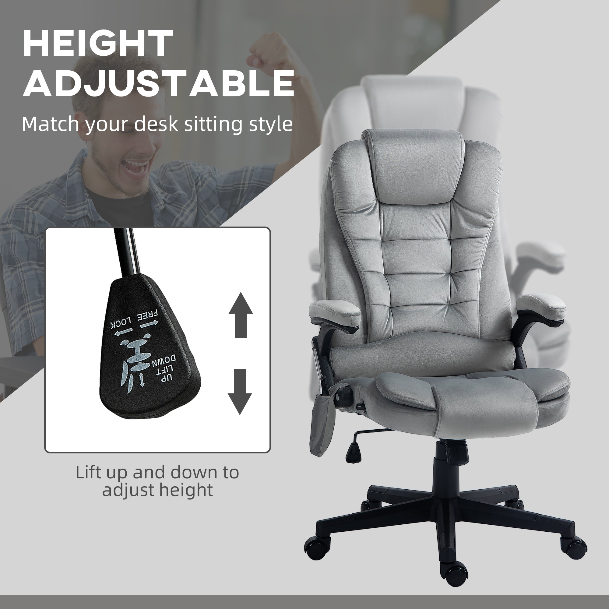 6 Point Executive Office Chair with Heat, Velvet High Back Vibrating Massage Office Chair, Gray