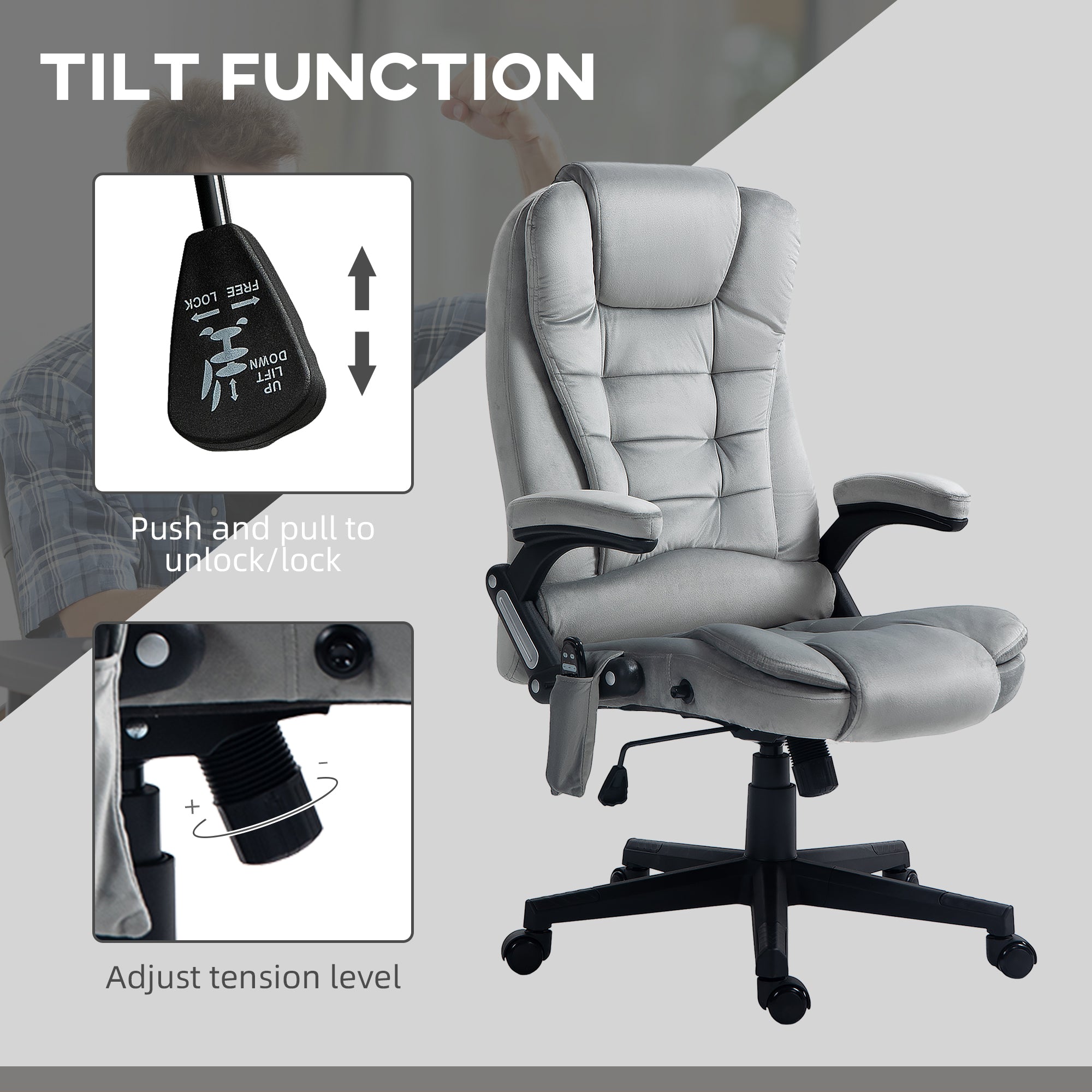 6 Point Executive Office Chair with Heat, Velvet High Back Vibrating Massage Office Chair, Gray