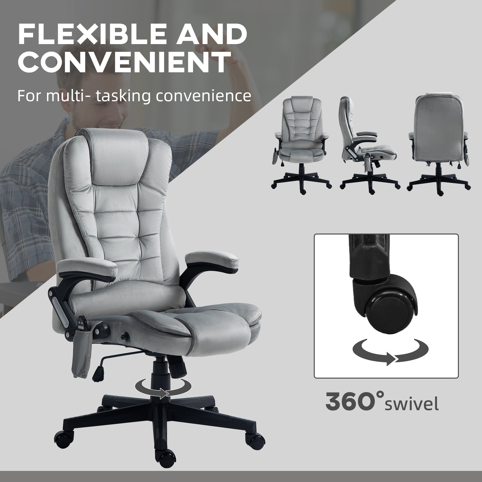 6 Point Executive Office Chair with Heat, Velvet High Back Vibrating Massage Office Chair, Gray