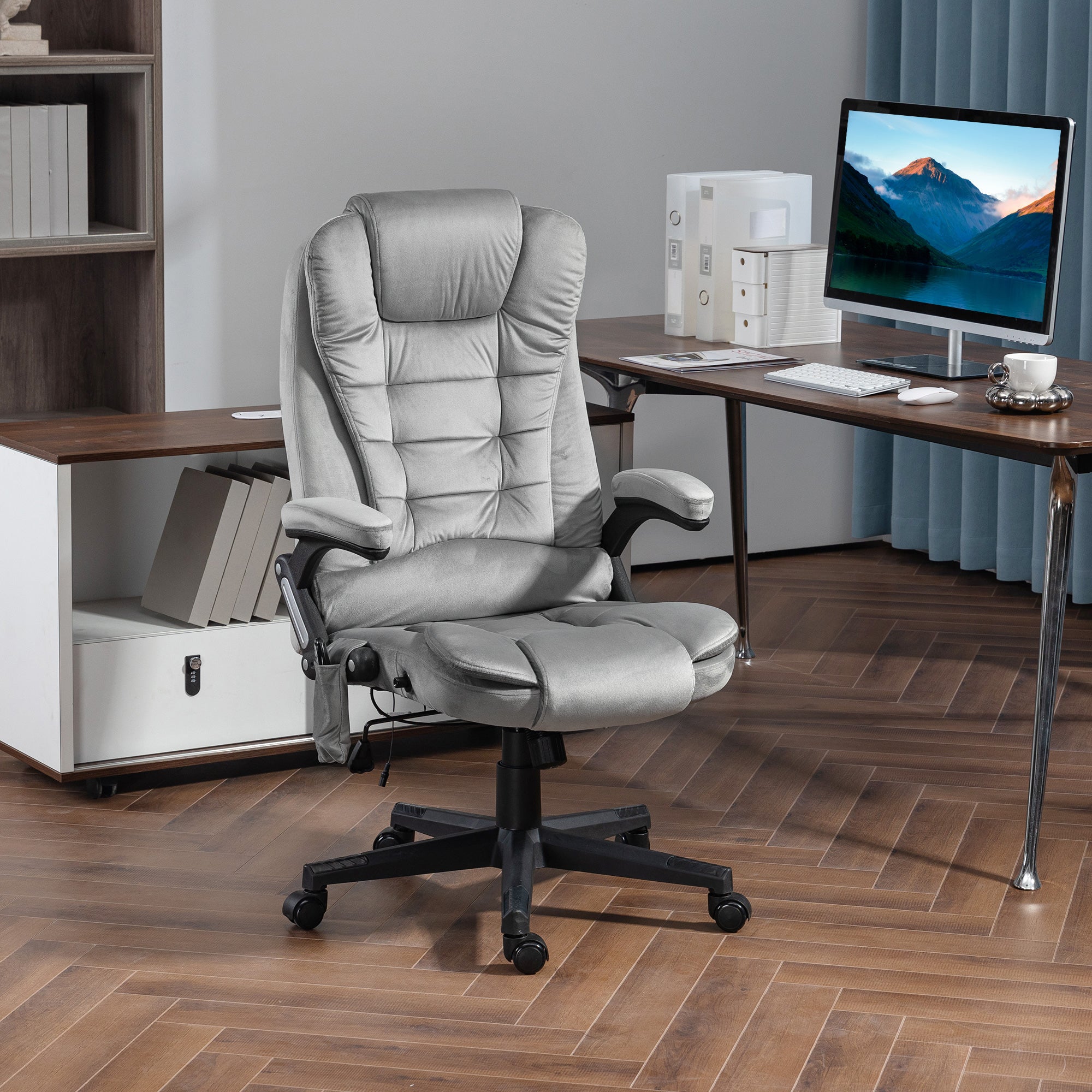 6 Point Executive Office Chair with Heat, Velvet High Back Vibrating Massage Office Chair, Gray