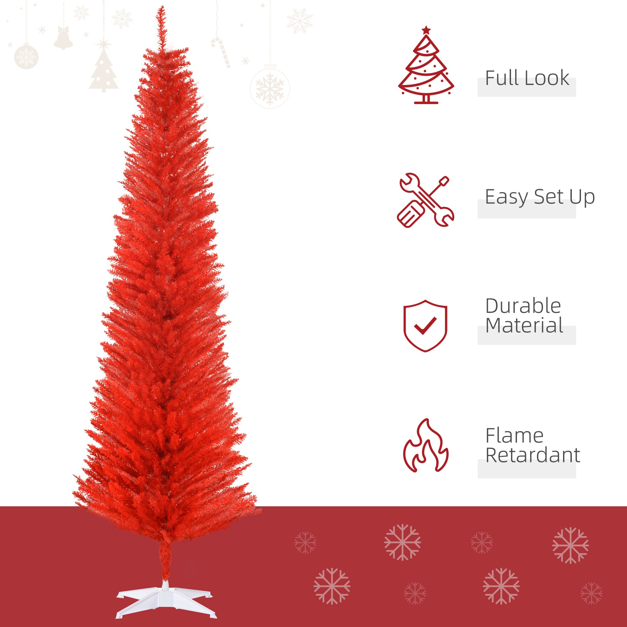 7FT Decorated Christmas Tree Pencil Tree with 499 Realistic Branch Tips and Plastic Stand Red