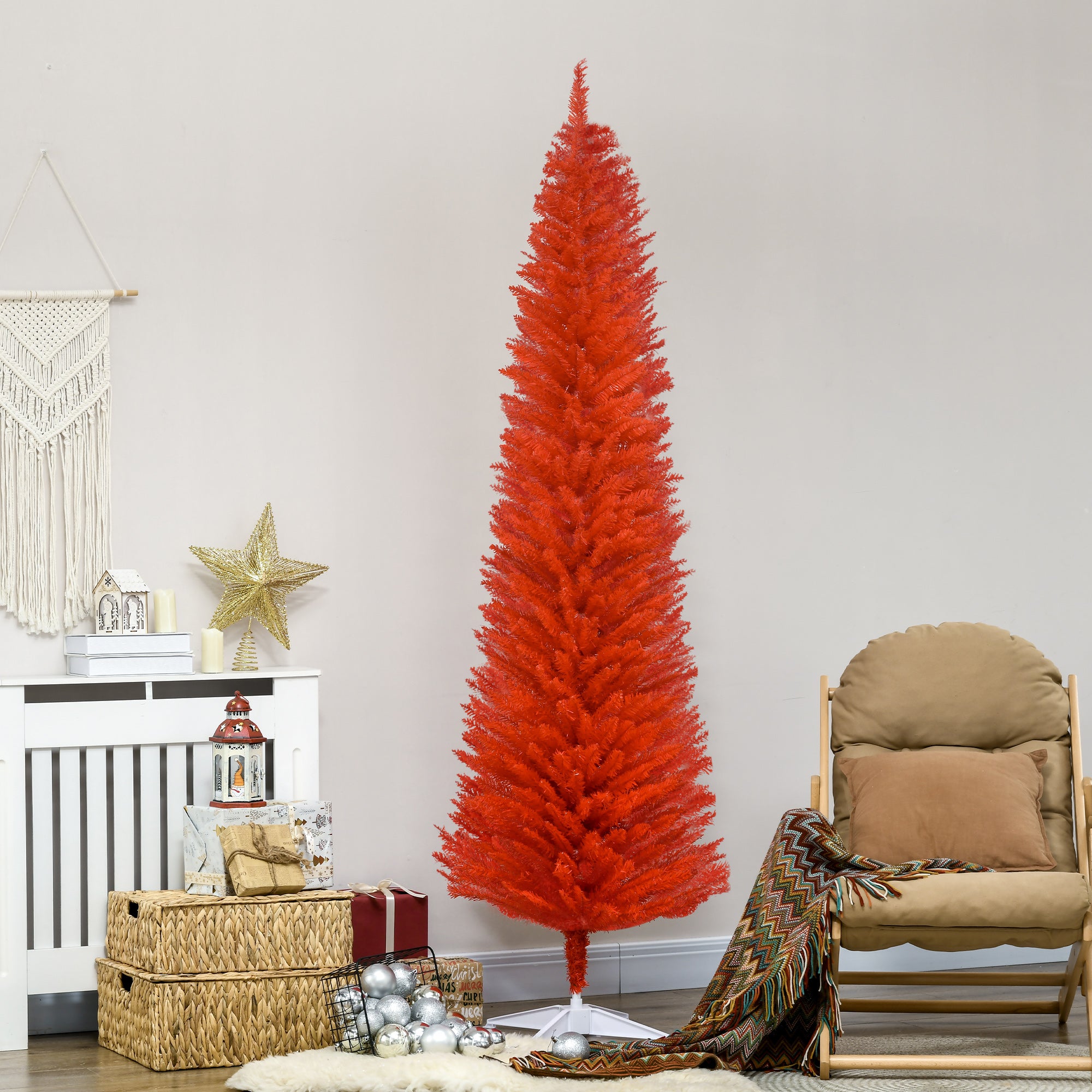 7FT Decorated Christmas Tree Pencil Tree with 499 Realistic Branch Tips and Plastic Stand Red