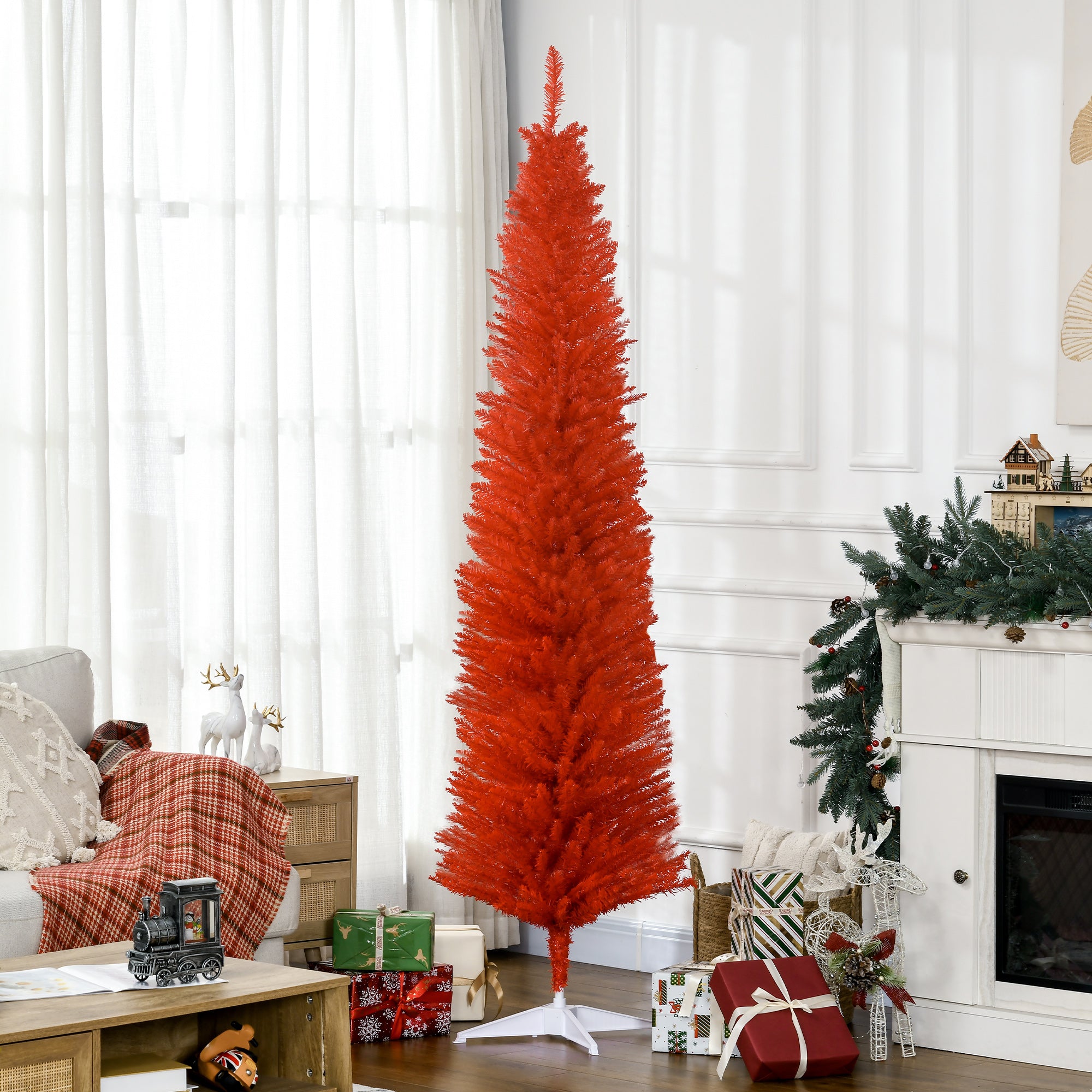 7FT Decorated Christmas Tree Pencil Tree with 499 Realistic Branch Tips and Plastic Stand Red