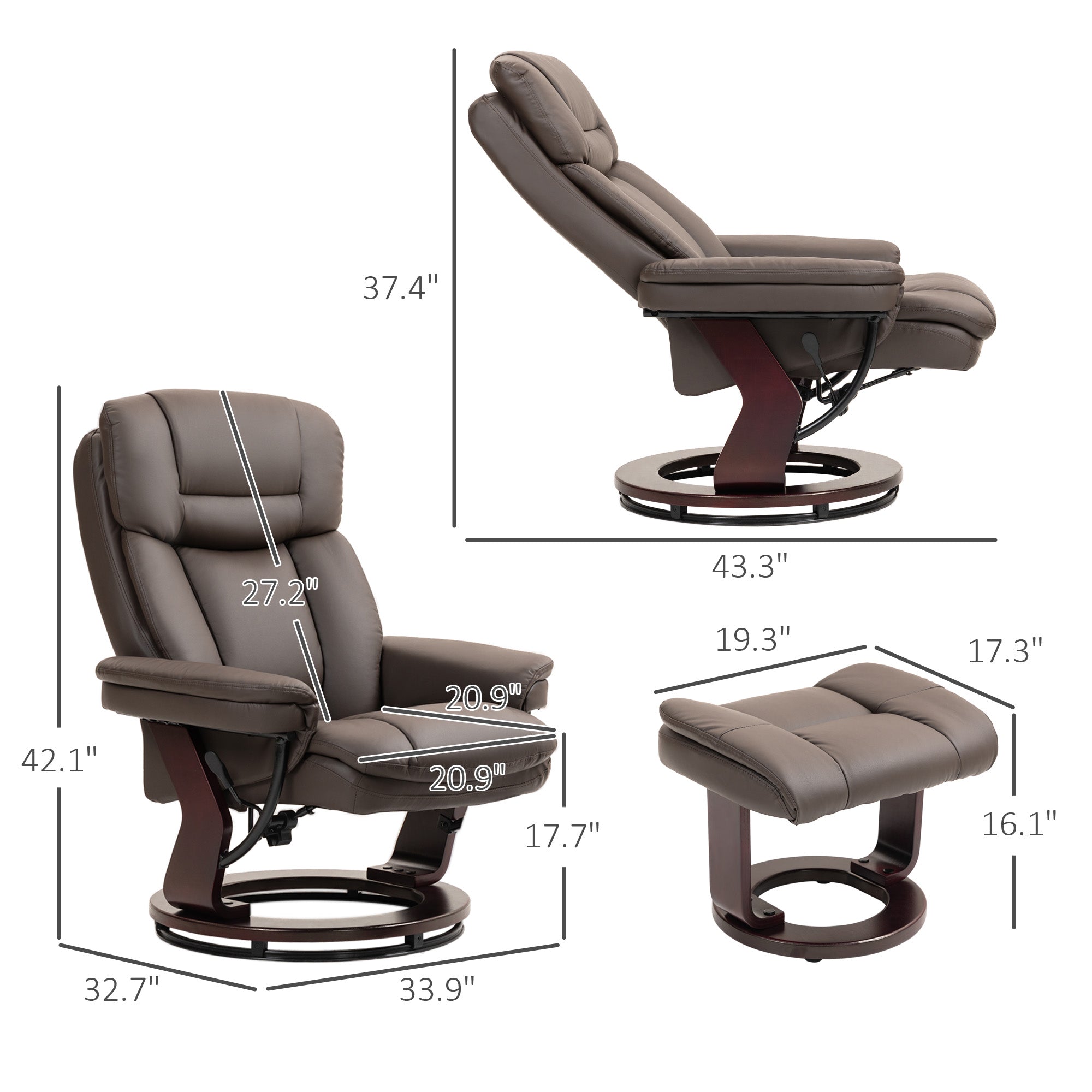 Swivel Recliner Chair with Ottoman, PU Leather Recliner with Adjustable Backrest, Footrest, Wood Base, Upholstered Reclining Chair for Living Room, Bedroom, Office, Dark Brown