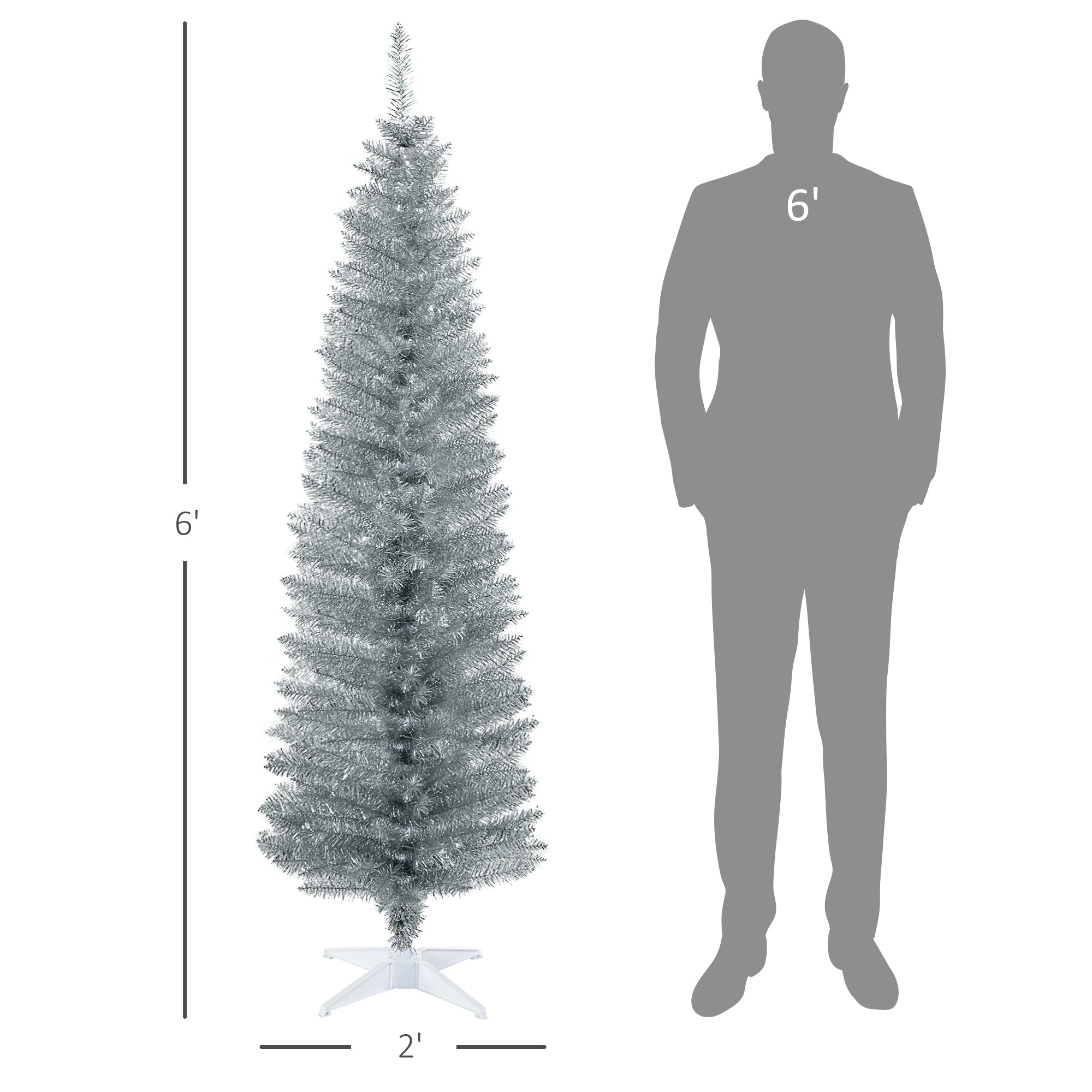 6' Artificial Pencil Christmas Tree Slim Xmas Tree with 390 Realistic Branch Tips and Stand Silver