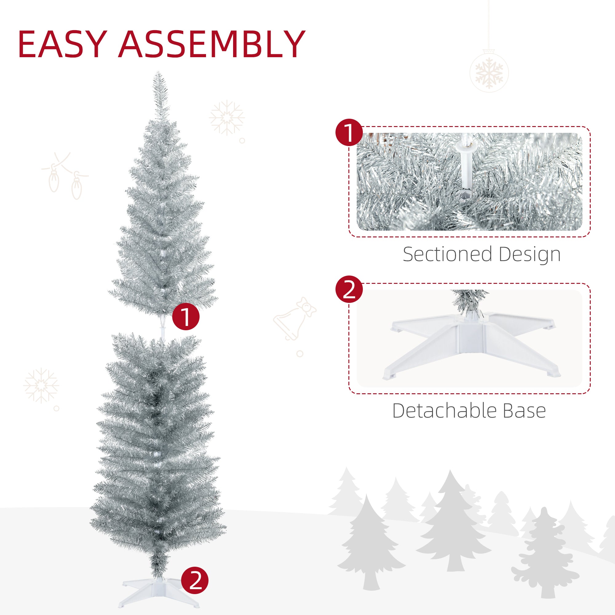 6' Artificial Pencil Christmas Tree Slim Xmas Tree with 390 Realistic Branch Tips and Stand Silver