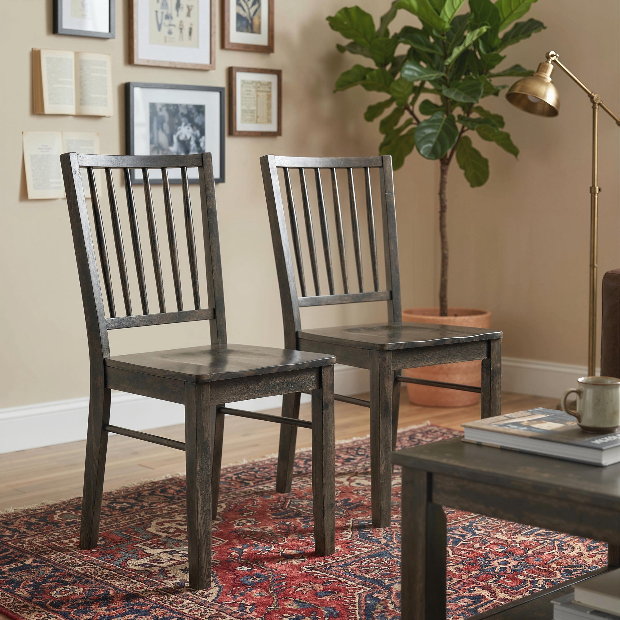 Farmhouse Dining Chairs Set of 2, Ergonomic Solid Wood Armless Kitchen Chairs with Rubberwood Legs for Dining Room, Kitchen, Charcoal Gray