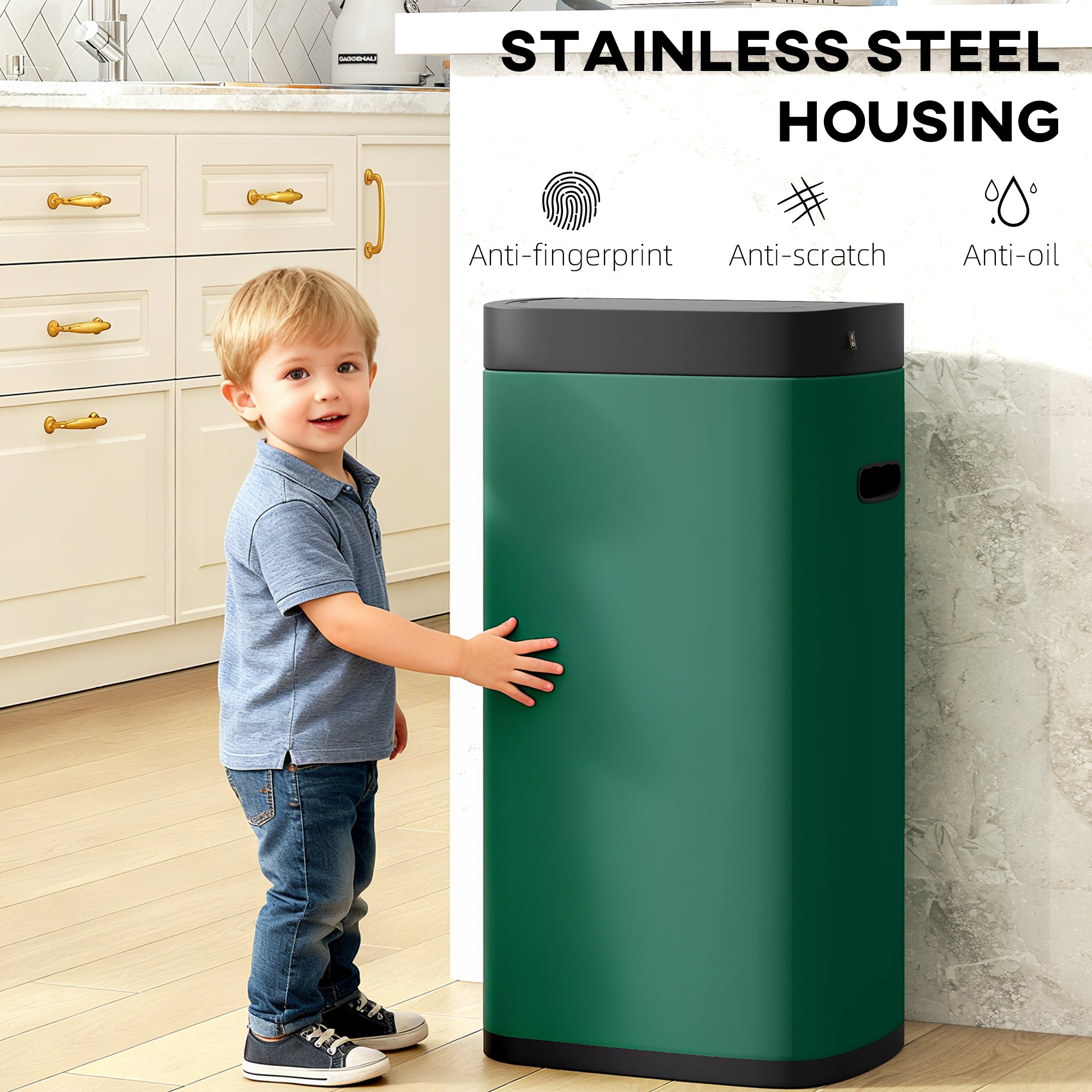 50L Sensor Bin, Automatic Touchless Kitchen Bin with Motion Sensor, Manual Override, Battery Operated, Fingerprint-Resistant, Inner-Bucket-Free, for Kitchen, Bedroom, Home Office, Dark Green