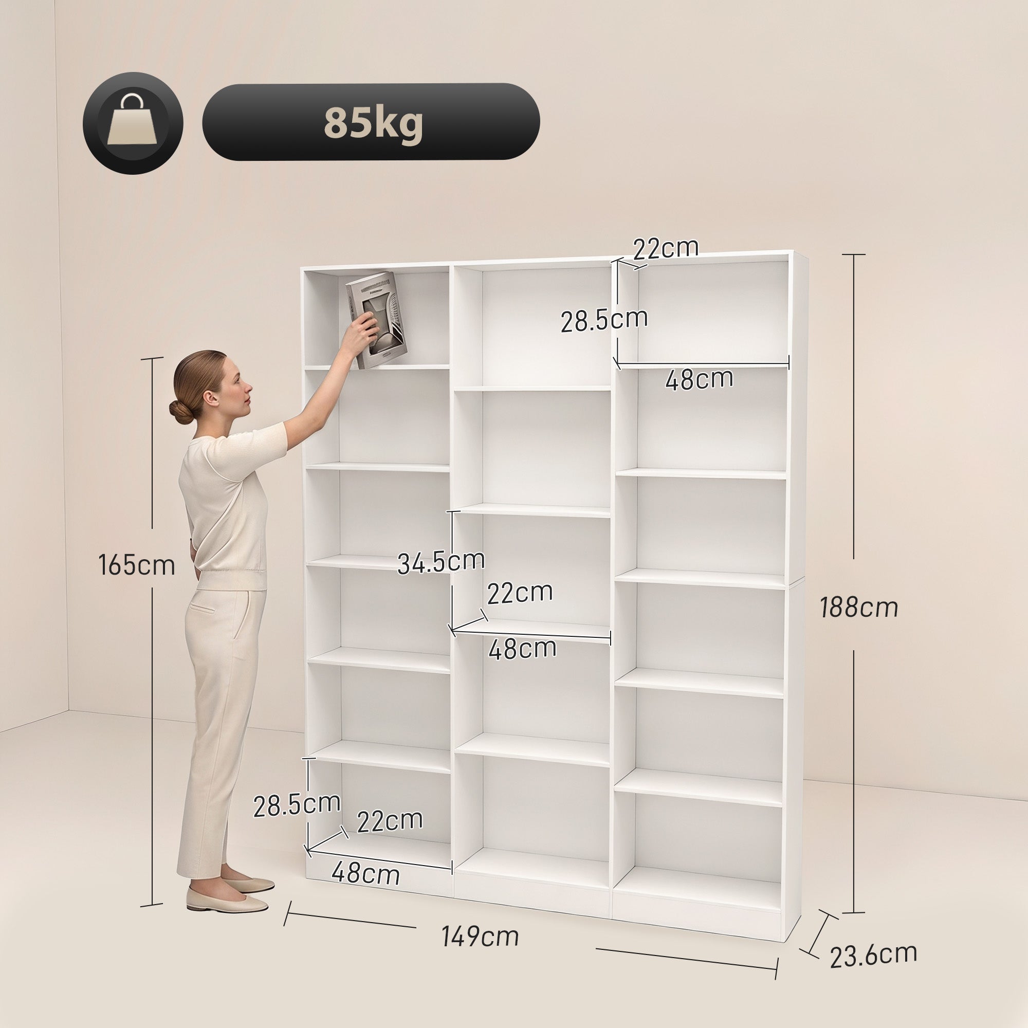 Bookcase with 17 Compartments, 6-Tier Tall Bookshelf with 17 Cubes, Adjustable Shelves, Freestanding Shelving Unit Display Shelf for Home Office, Living Room, 149 x 23.6 x 188 cm, White