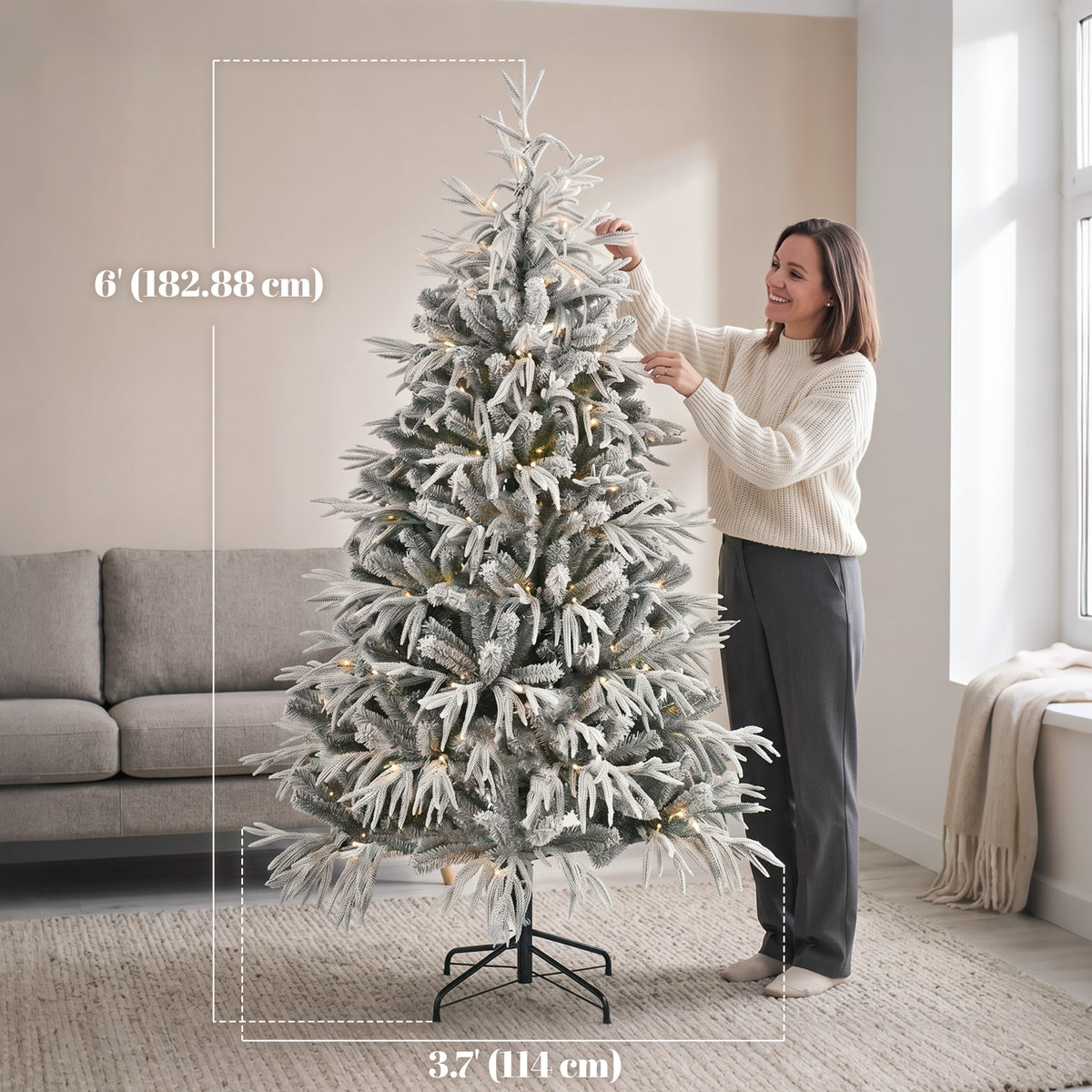 6ft Prelit Flocked Christmas Tree, Artificial Norfolk Pine Downswept Hinged Xmas Tree with 250 Warm White LED Lights, 8 Modes, 553 Tips, Steel Stand, Green and White