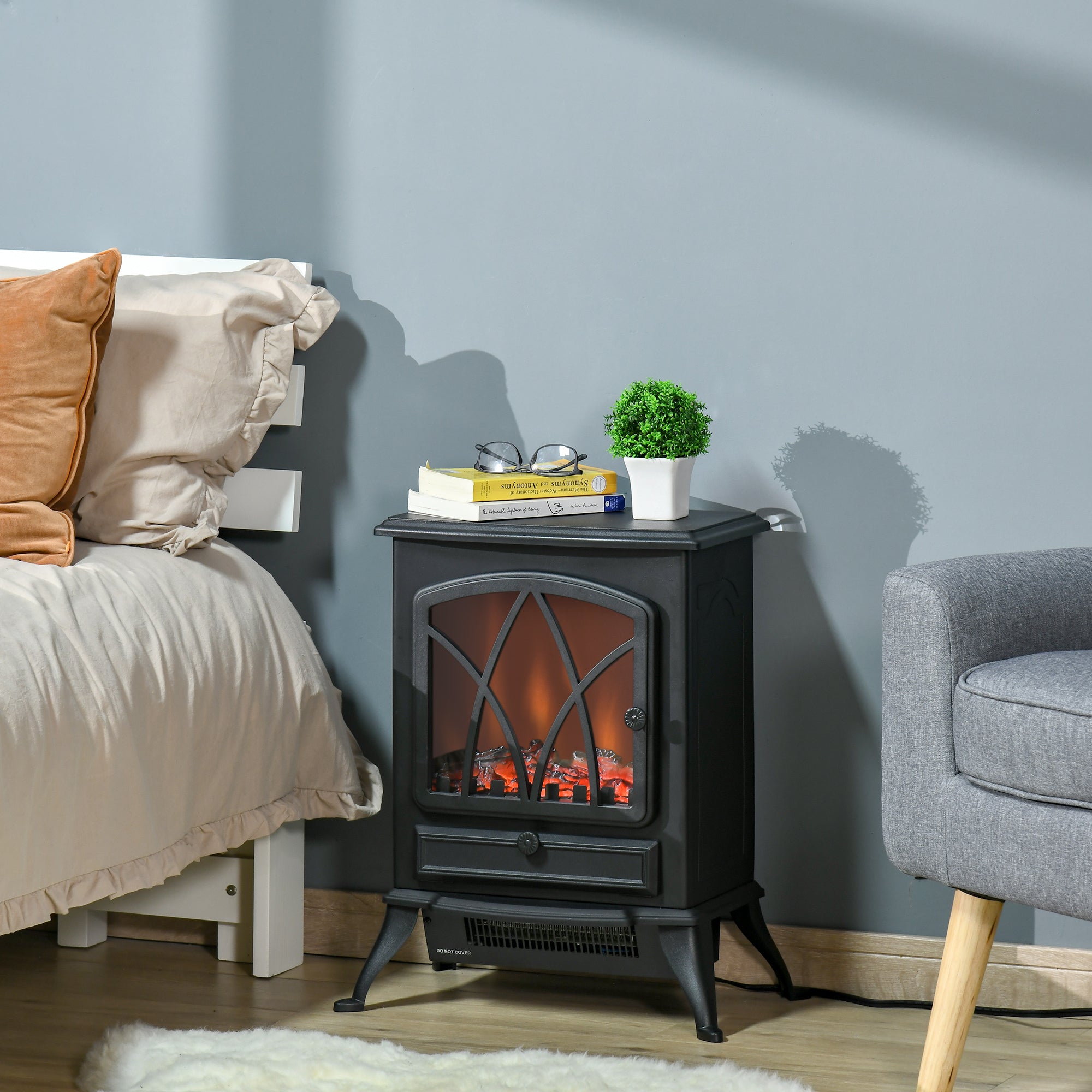 Electric Fireplace Heater Freestanding Fireplace Stove with Adjustable LED Flame Effect and Front Door, 750W/1500W, Black