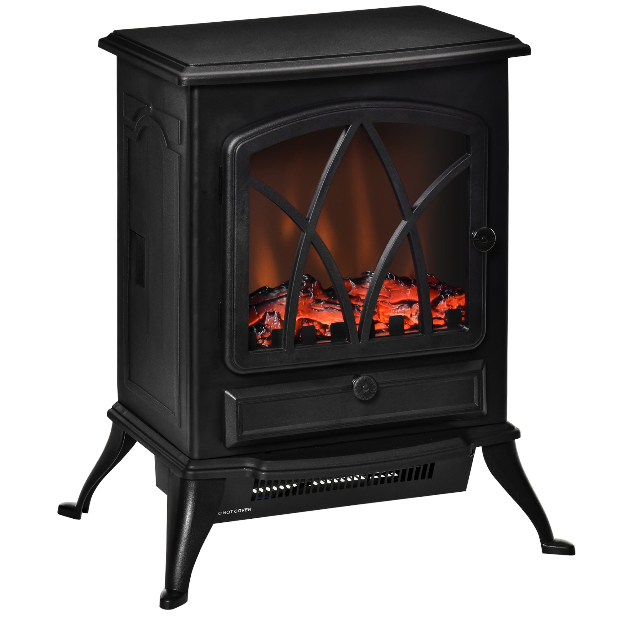 Electric Fireplace Heater Freestanding Fireplace Stove with Adjustable LED Flame Effect and Front Door, 750W/1500W, Black