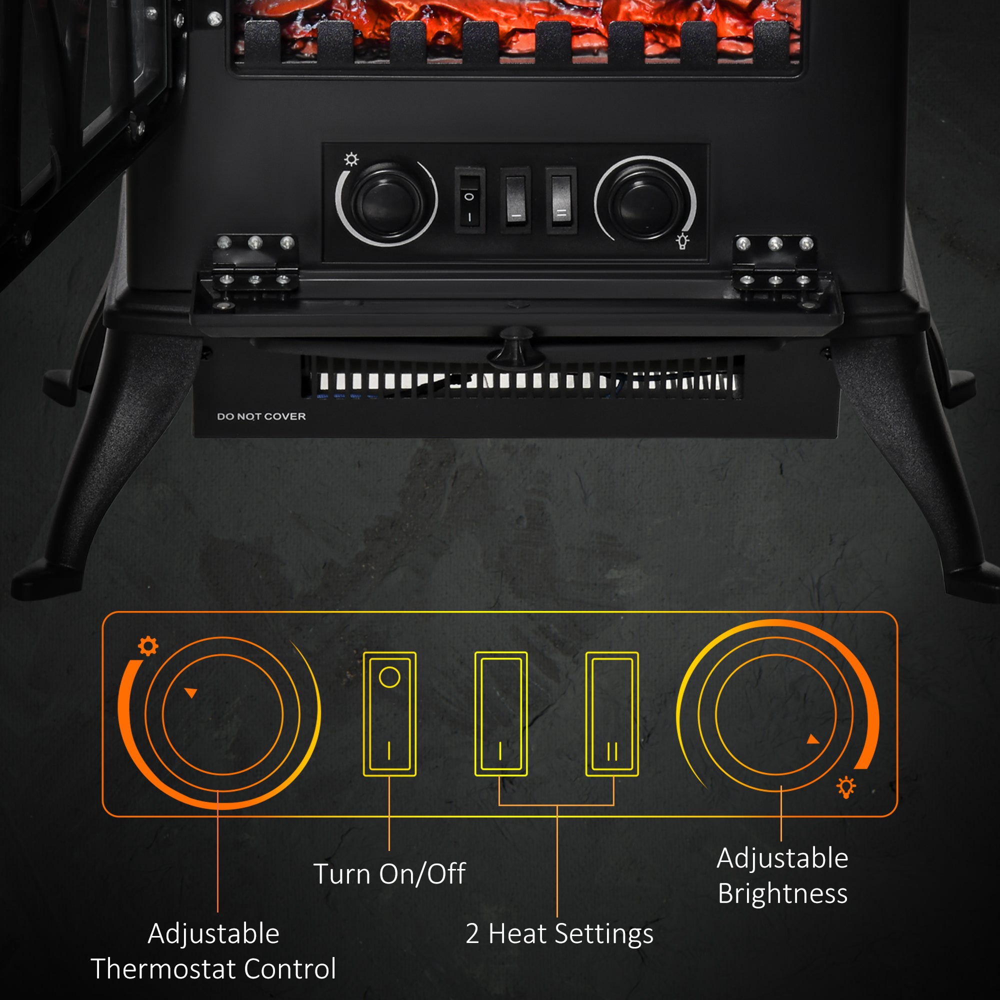 Electric Fireplace Heater Freestanding Fireplace Stove with Adjustable LED Flame Effect and Front Door, 750W/1500W, Black