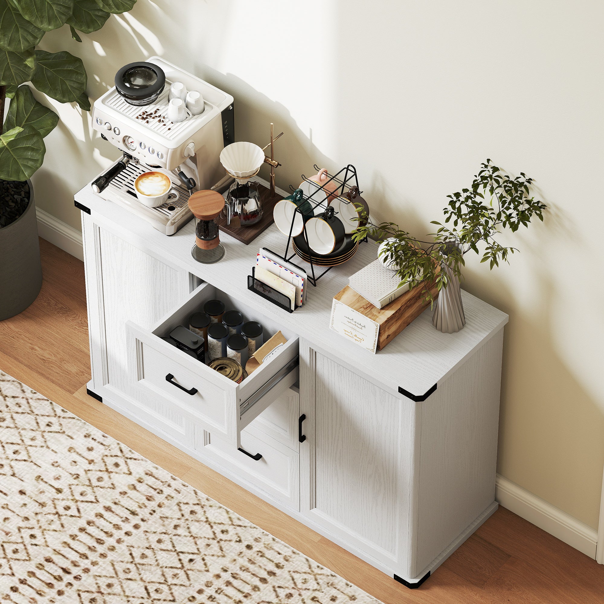 Modern Sideboard Buffet Cabinet with 3 Drawers and 2 Doors, 47" Coffee Bar Cabinet with Adjustable Shelves for Kitchen, White Wood Grain